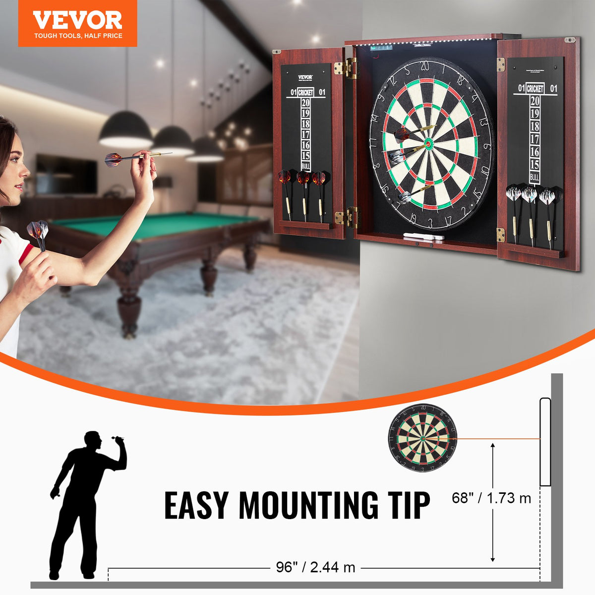 Official Size 18" Dartboard Cabinet Set LED Light Steel Tip Game Bundle