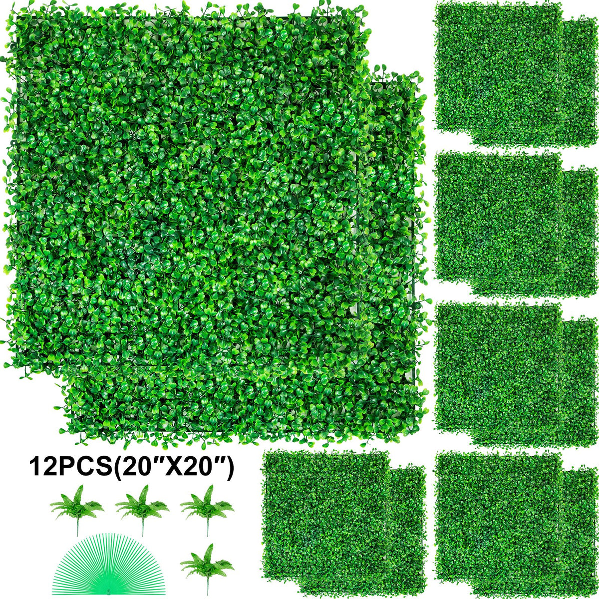 Artificial Boxwood Panel 12pcs 20x20" Green Hedge Wall Panels Indoor Outdoor