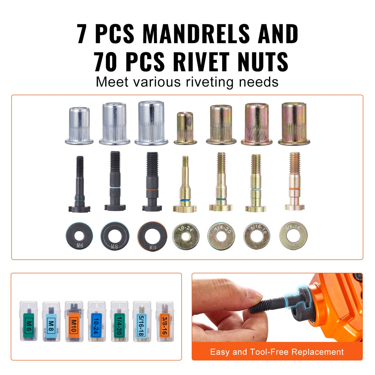 70 PCS Assorted 14" Rivet Nuts Tool and 7 Mandrels Kit