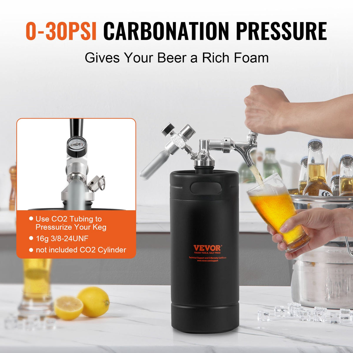 Beer Growler Tap System 4L Mini Keg, 304 Stainless Steel with CO2 Regulator