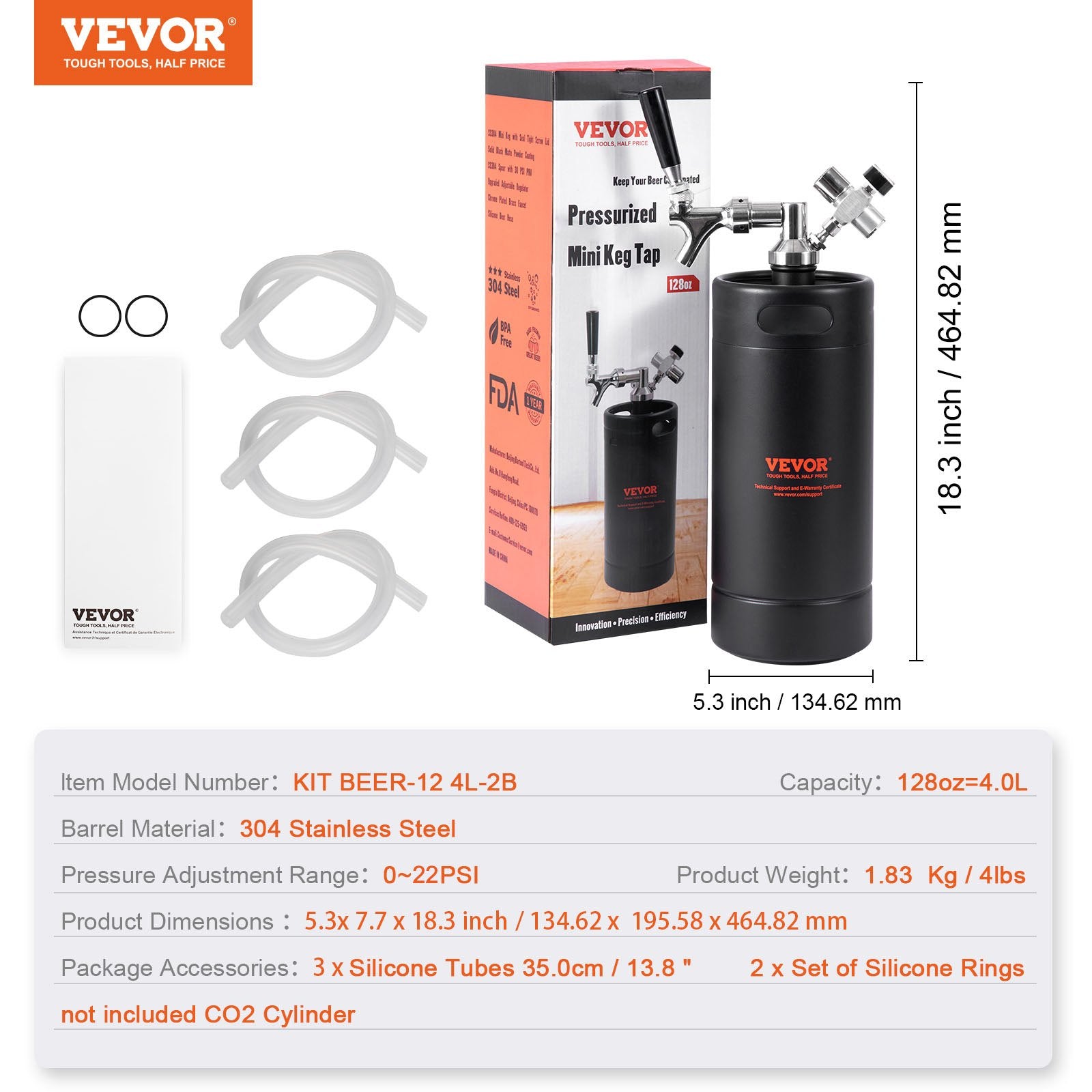 Beer Growler Tap System 4L Mini Keg, 304 Stainless Steel with CO2 Regulator