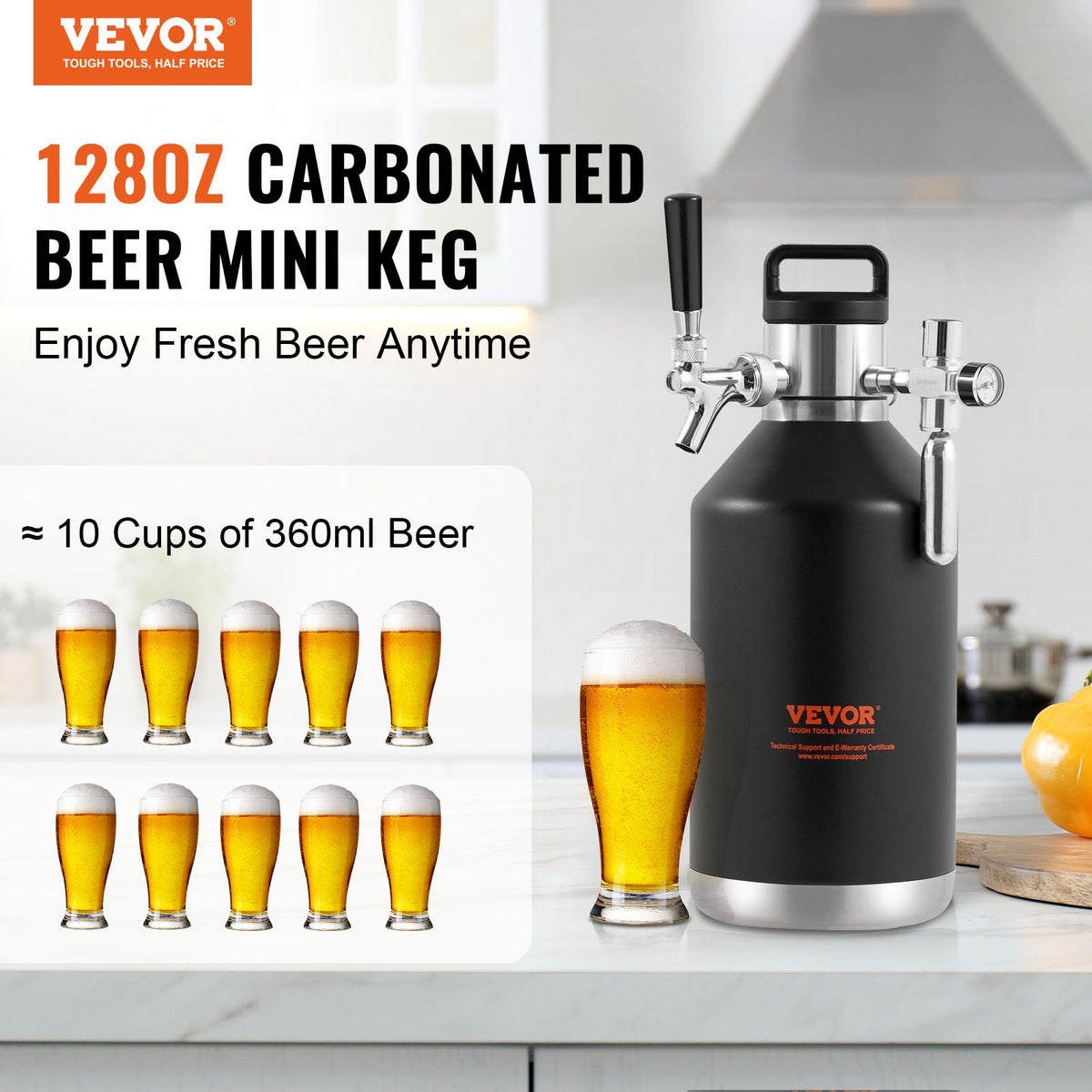 Beer Growler Tap System 4L Mini Keg, 304 Stainless Steel Pressurized with CO2