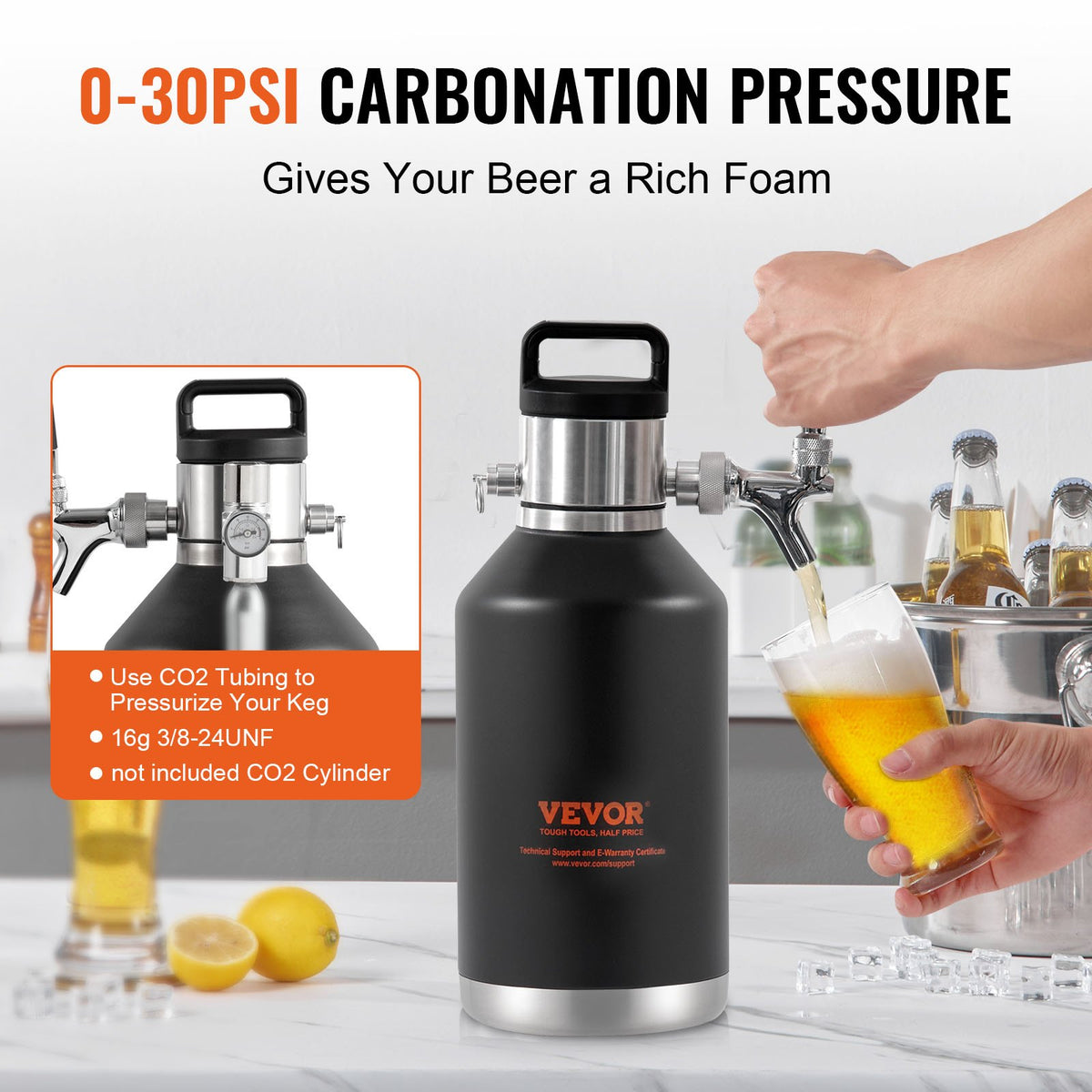 Beer Growler Tap System 4L Mini Keg, 304 Stainless Steel Pressurized with CO2