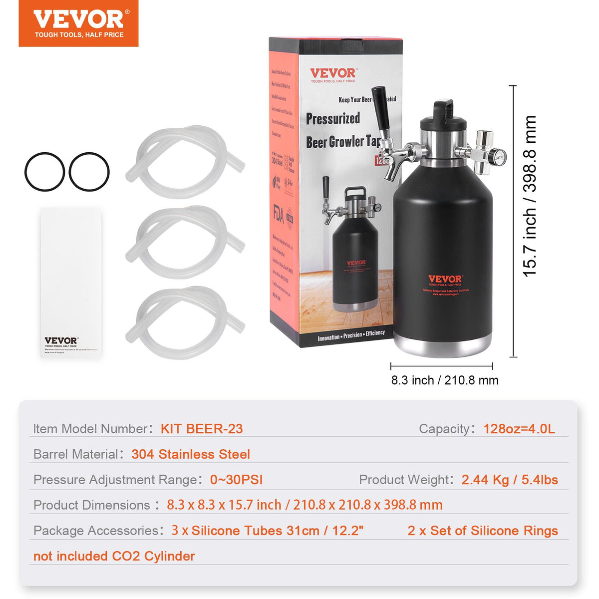 Beer Growler Tap System 4L Mini Keg, 304 Stainless Steel Pressurized with CO2