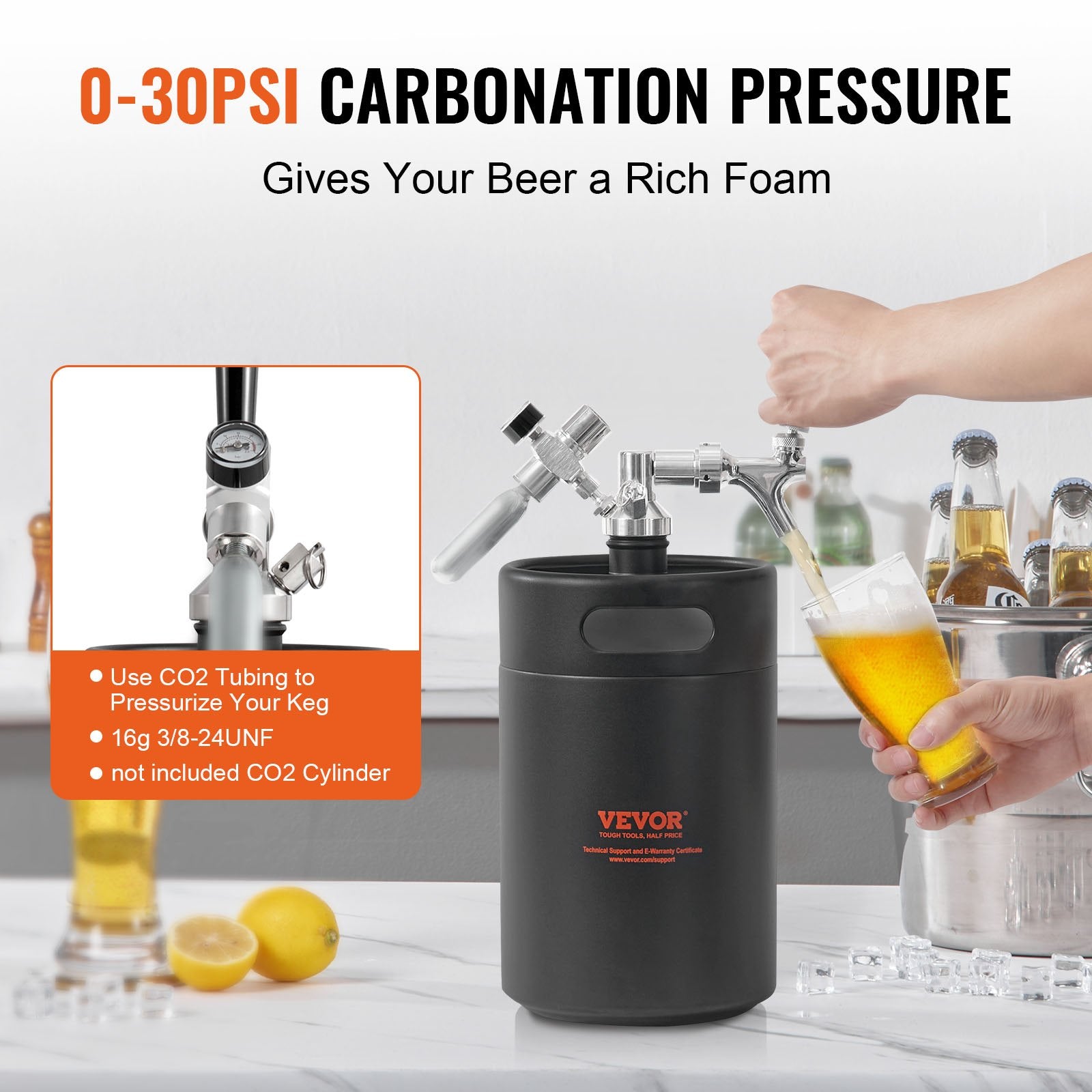 Beer Growler Tap System 5L Mini Keg, 304 Stainless Steel with CO2 Regulator
