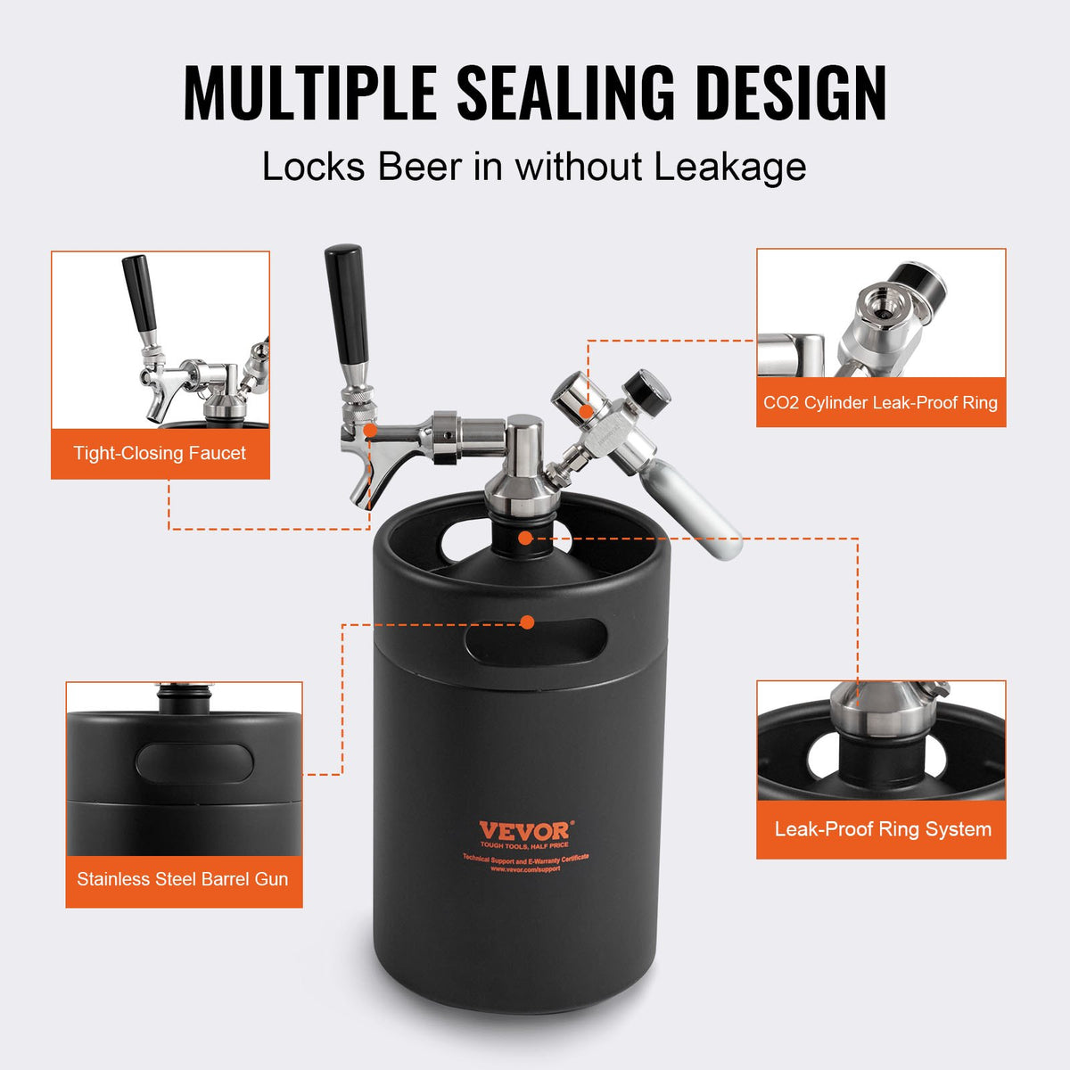 Beer Growler Tap System 5L Mini Keg, 304 Stainless Steel with CO2 Regulator