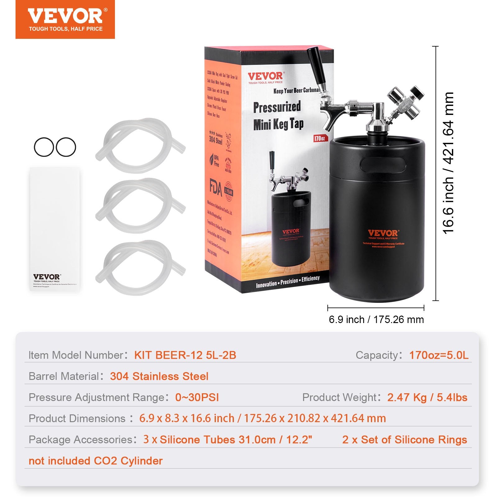 Beer Growler Tap System 5L Mini Keg, 304 Stainless Steel with CO2 Regulator