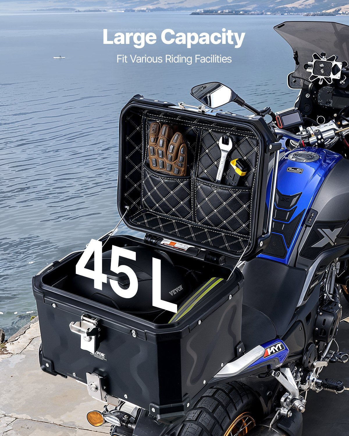 45L Motorcycle Top Case Aluminium Waterproof Tail Box with Lock
