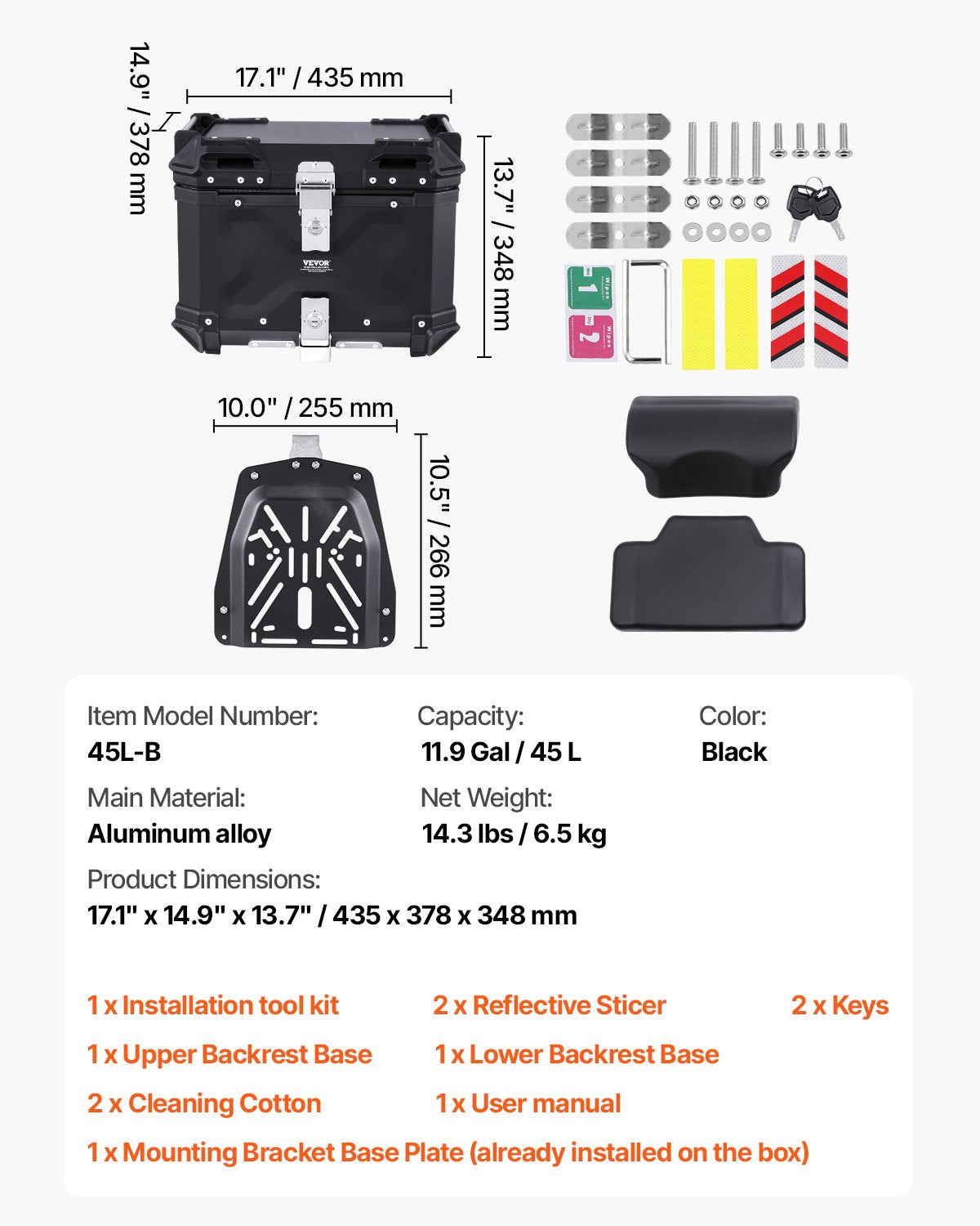 45L Motorcycle Top Case Aluminium Waterproof Tail Box with Lock