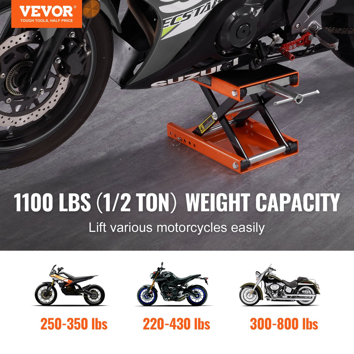 Motorcycle Scissor Lift Jack 500KG Wide Deck Safety Pin Street Cruiser Bikes