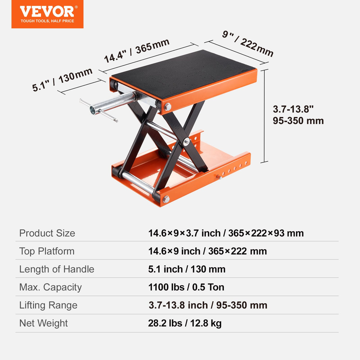Motorcycle Scissor Lift Jack 500KG Wide Deck Safety Pin Street Cruiser Bikes