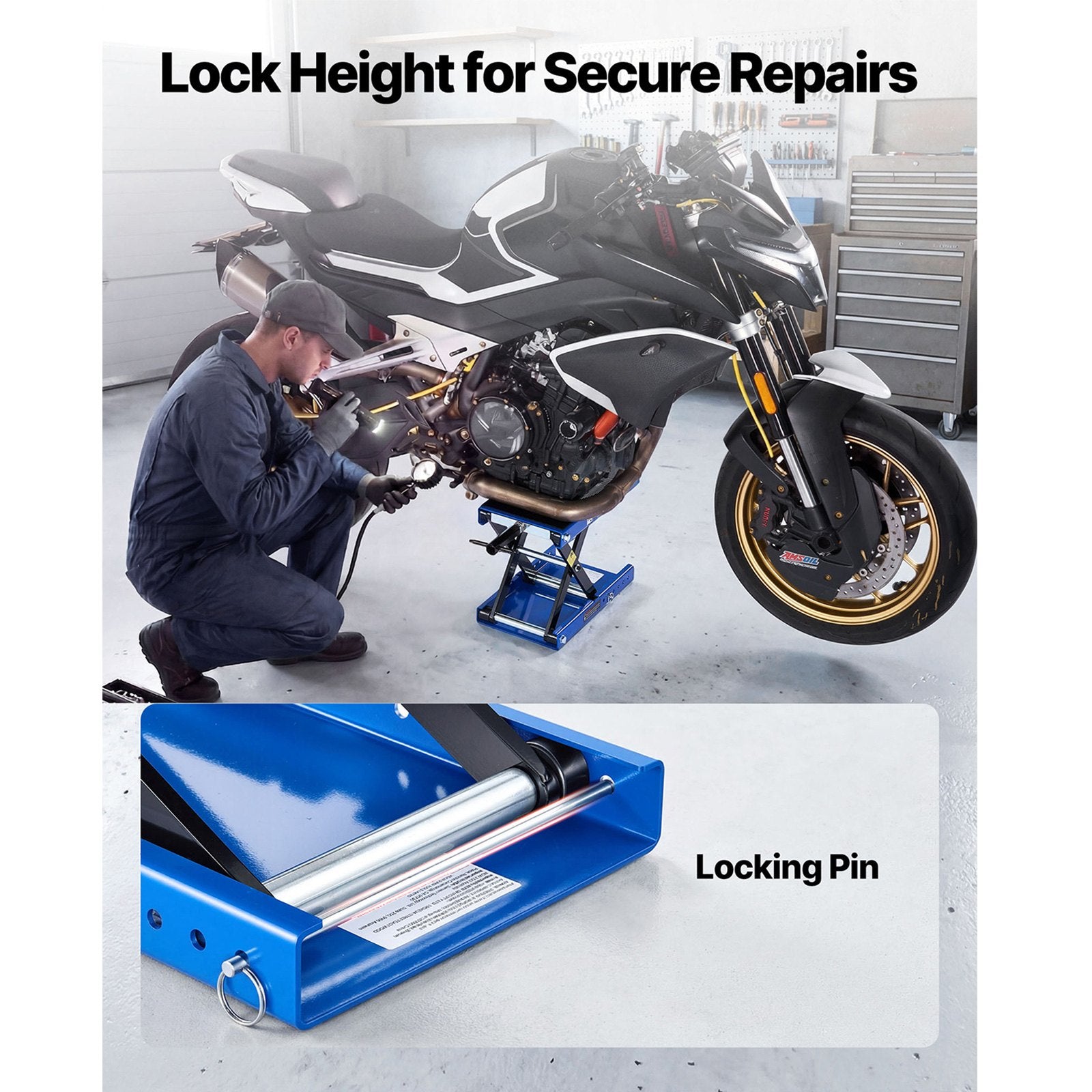 Motorcycle Lift 499kg Scissor Jack Wide Deck Lock Pin 95-340mm CHS S/C/T B/B