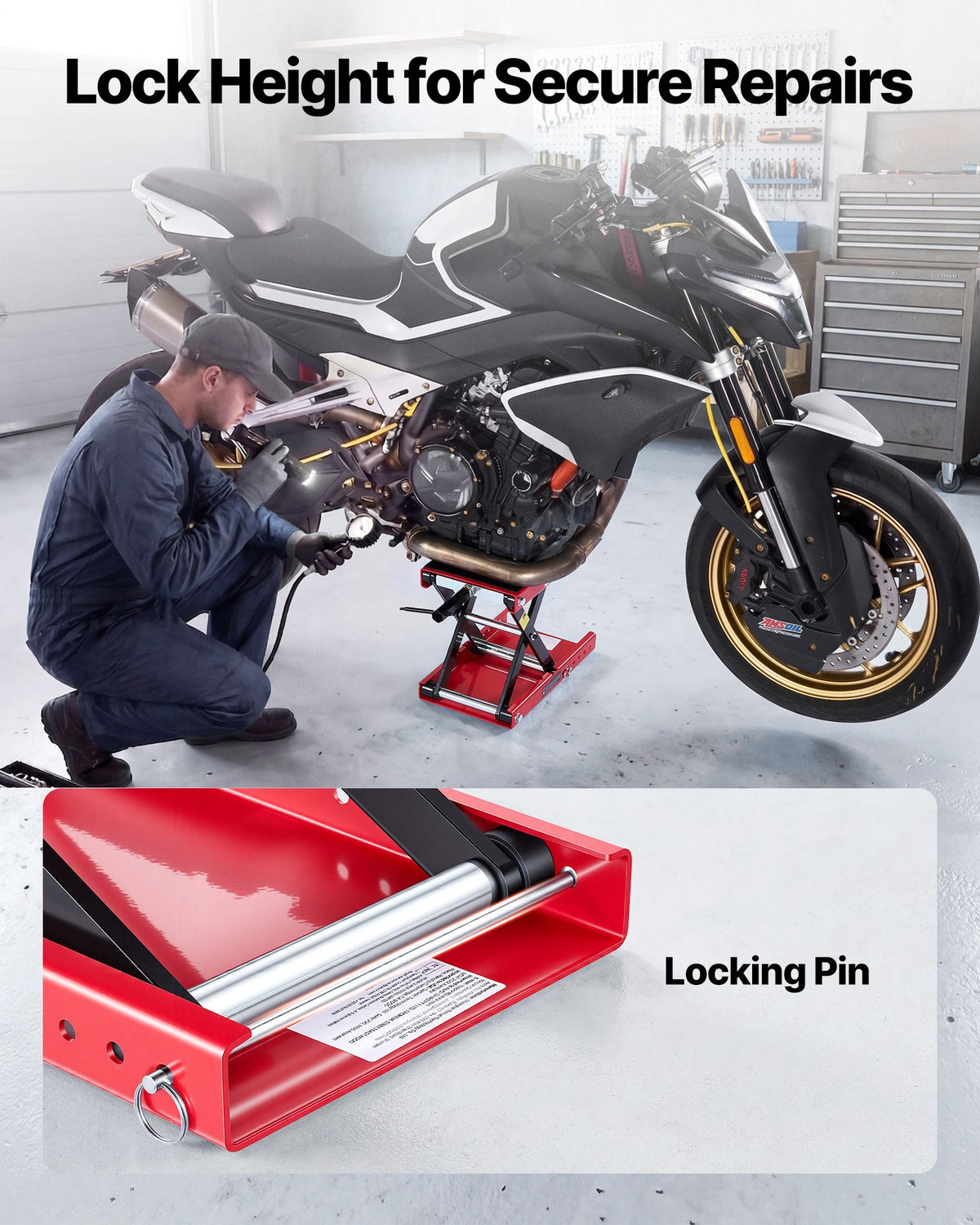 Motorcycle Lift 499kg Scissor Jack Wide Deck Lock Pin 95-340mm Steel Red Black