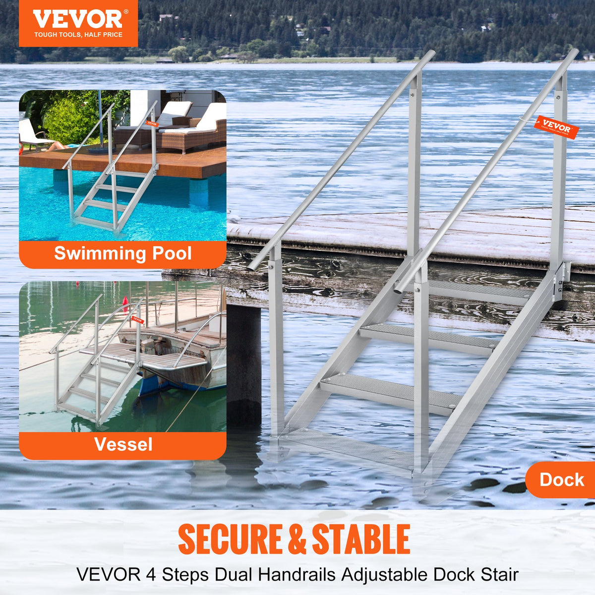 4-Step Aluminum Dock Ladder, 227 kg Capacity, Adjustable 30"-38" Height, Nonslip