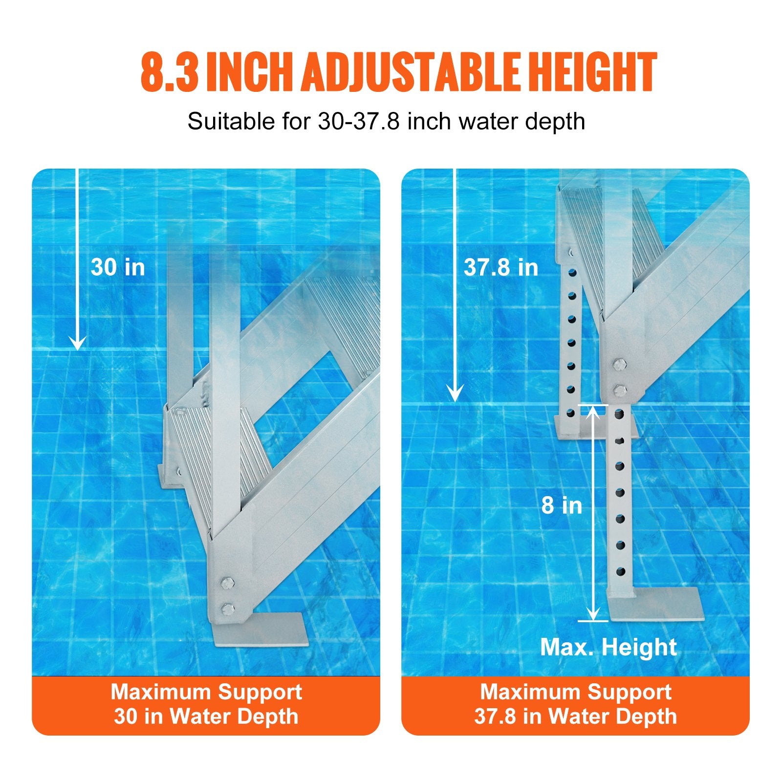 4-Step Aluminum Dock Ladder, 227 kg Capacity, Adjustable 30"-38" Height, Nonslip