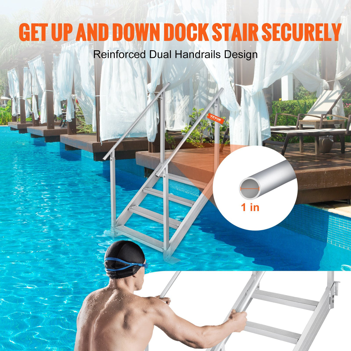 4-Step Aluminum Dock Ladder, 227 kg Capacity, Adjustable 30"-38" Height, Nonslip