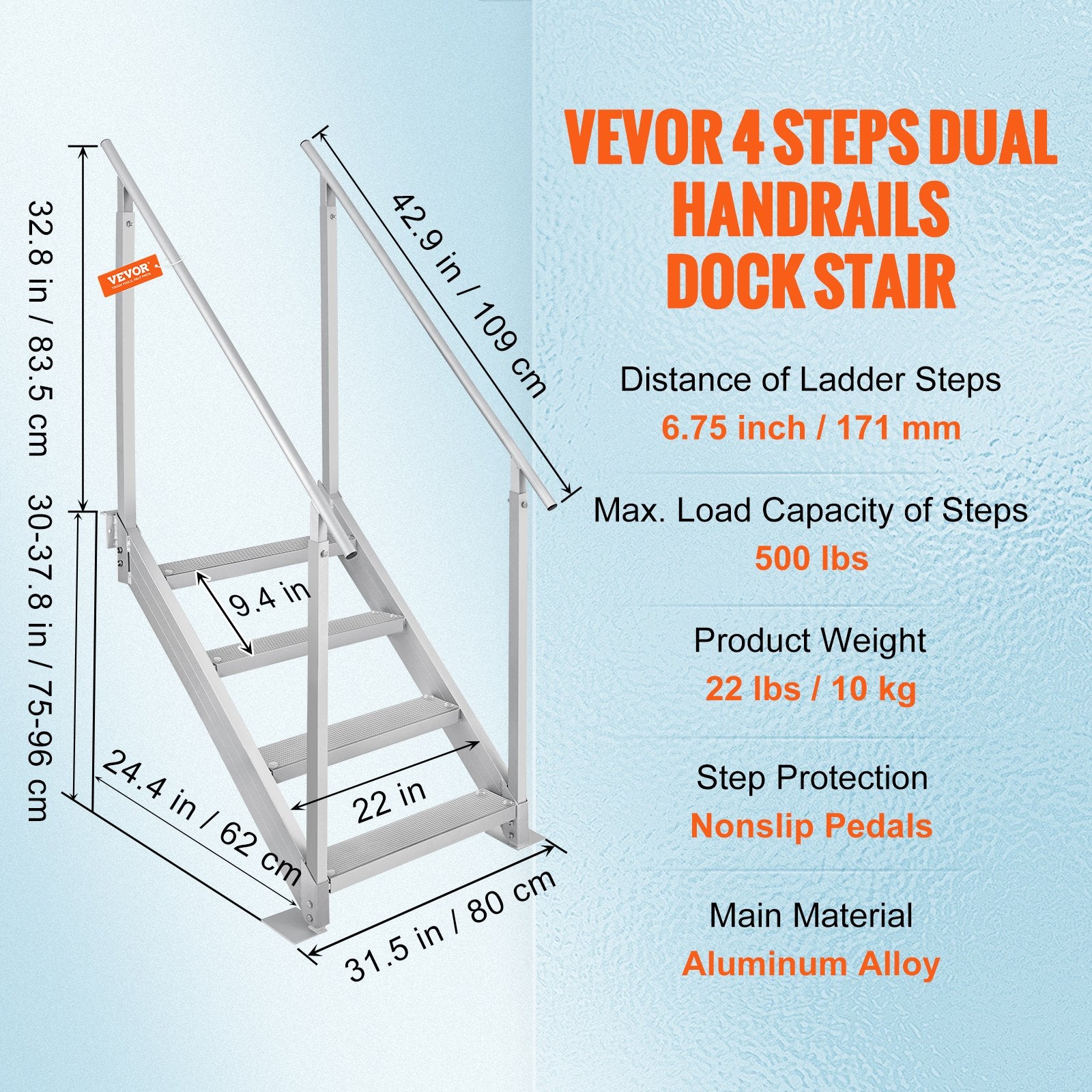 4-Step Aluminum Dock Ladder, 227 kg Capacity, Adjustable 30"-38" Height, Nonslip