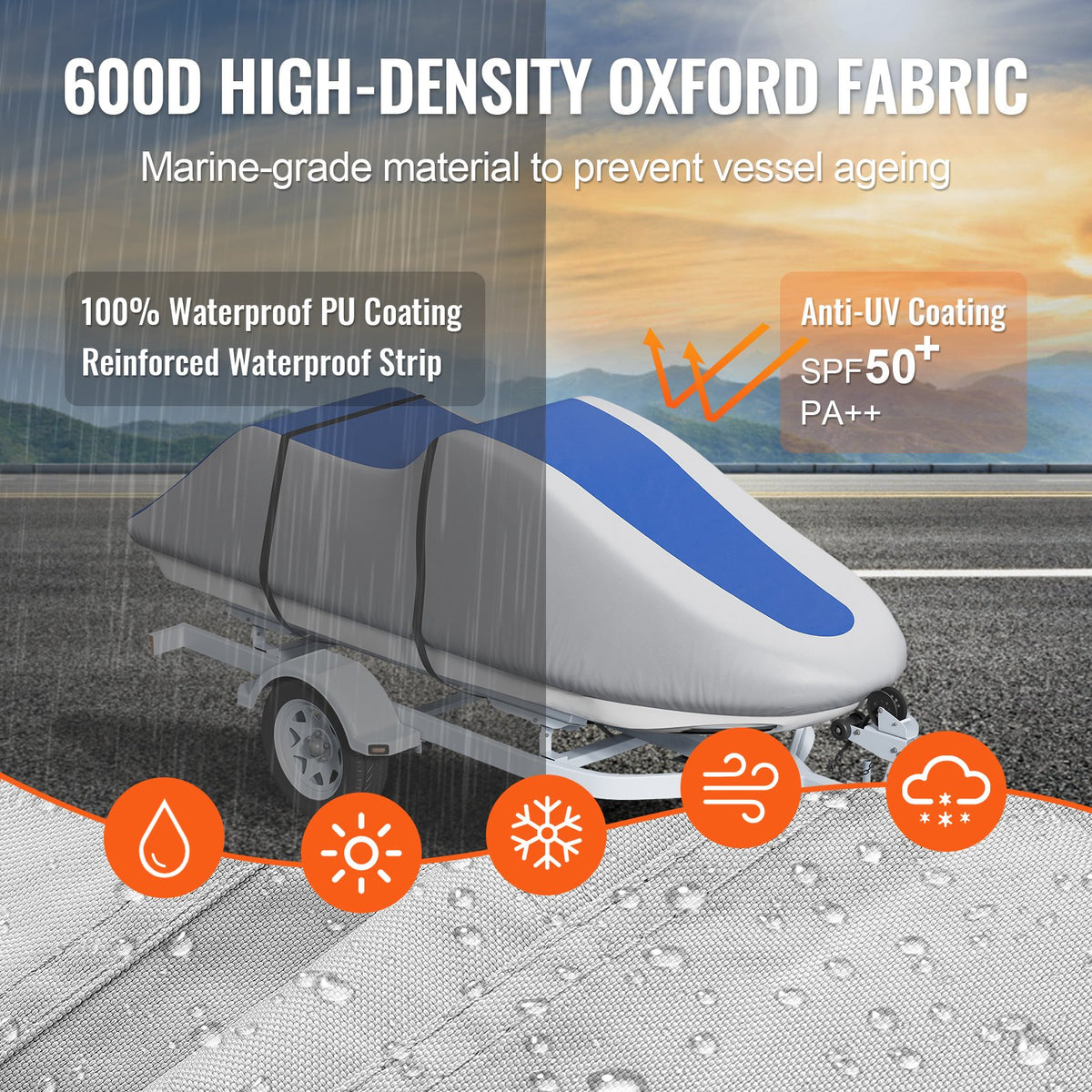 Jet Ski Cover 320-342cm Waterproof 600D PU Oxford Fabric Buckle Straps Grey Blue