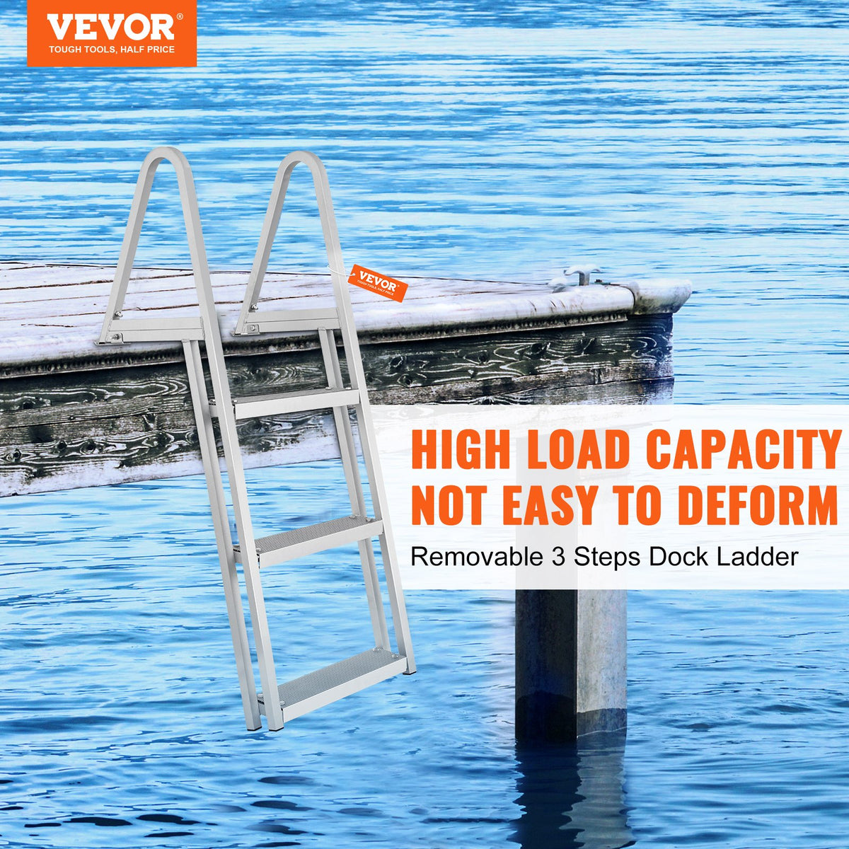 Removable 3-Step Aluminum Dock Ladder, 350 lbs Capacity, Nonslip Wide Steps