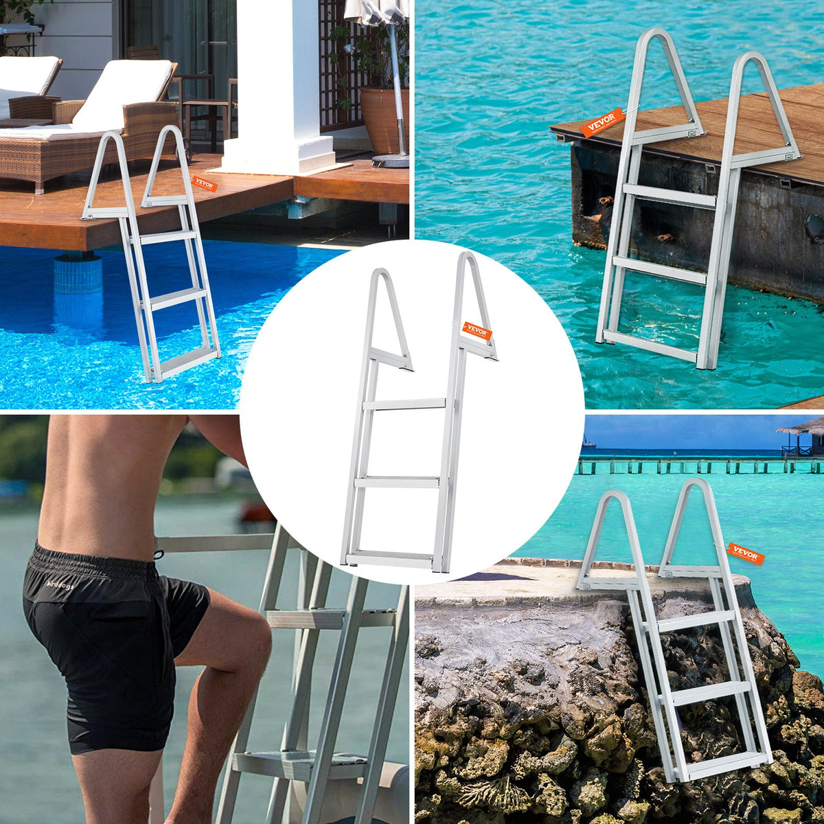 Removable 3-Step Aluminum Dock Ladder, 350 lbs Capacity, Nonslip Wide Steps