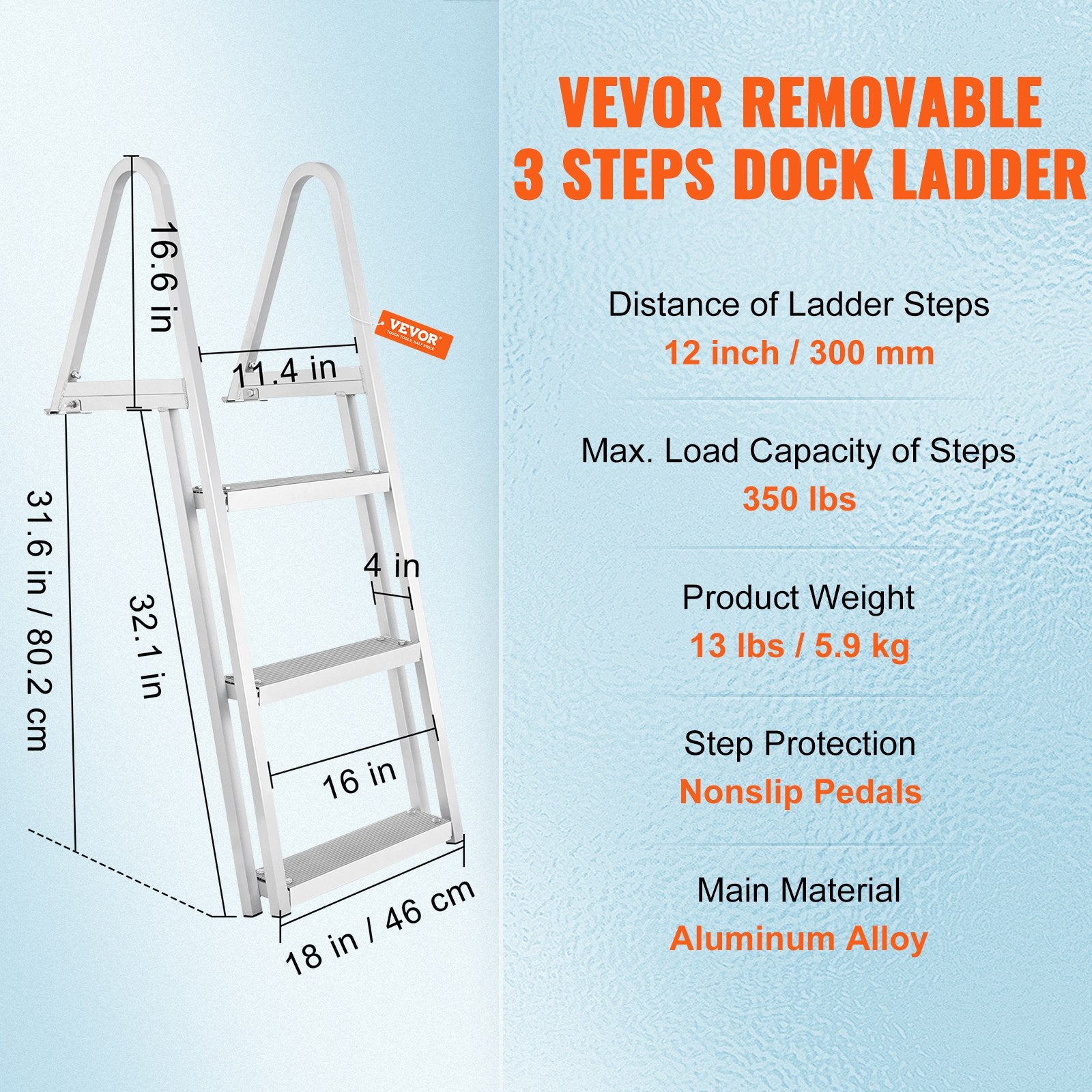 Removable 3-Step Aluminum Dock Ladder, 350 lbs Capacity, Nonslip Wide Steps
