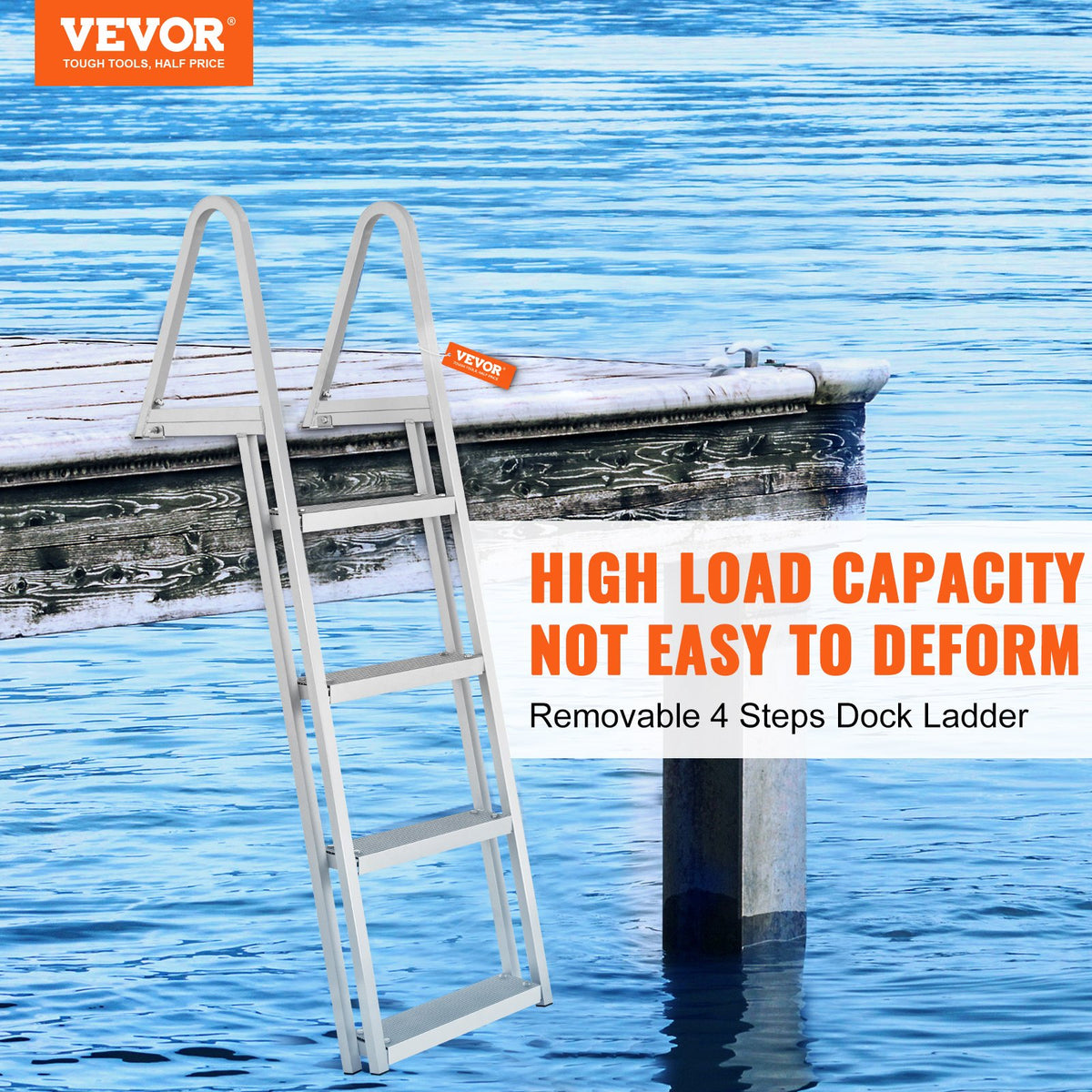 Dock Ladder Removable 4-Step Aluminum Alloy 350 lb Capacity Nonslip EasyInstall