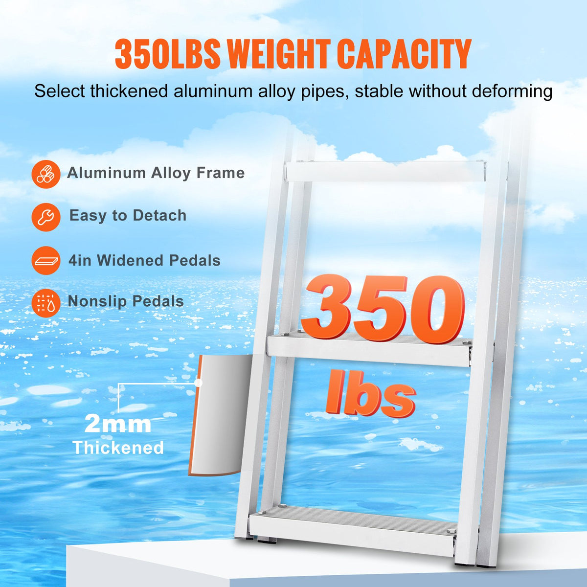Dock Ladder Removable 4-Step Aluminum Alloy 350 lb Capacity Nonslip EasyInstall