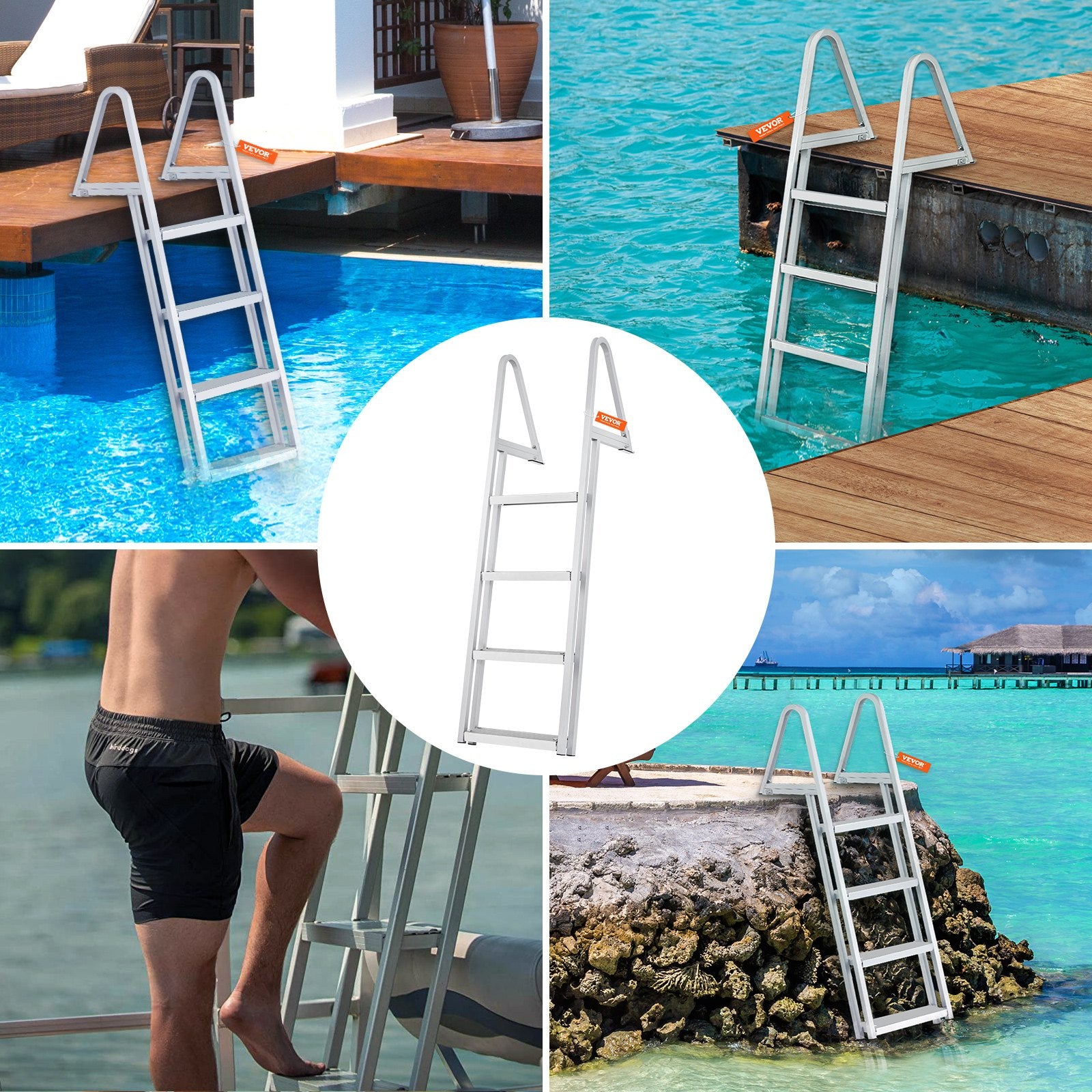 Dock Ladder Removable 4-Step Aluminum Alloy 350 lb Capacity Nonslip EasyInstall
