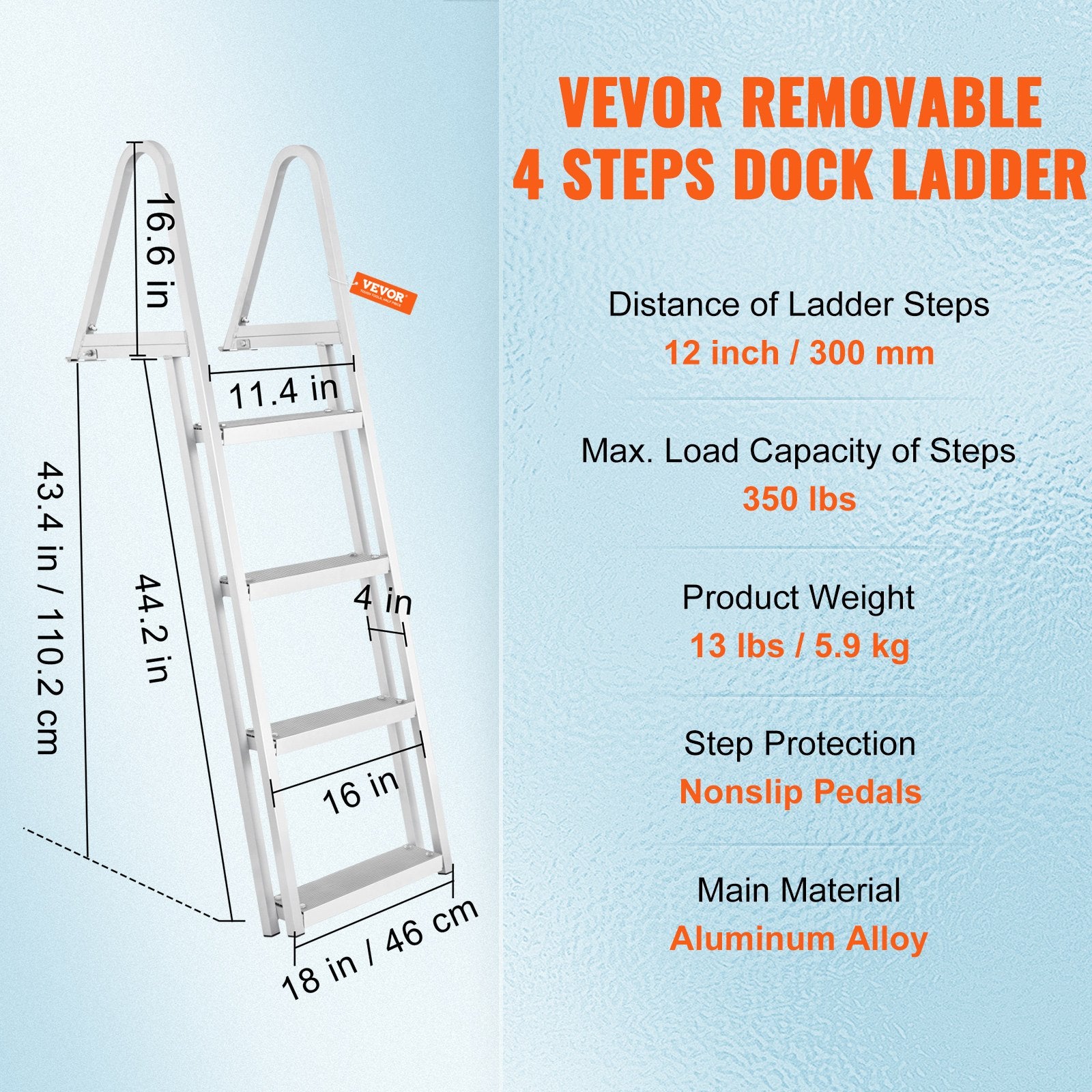 Dock Ladder Removable 4-Step Aluminum Alloy 350 lb Capacity Nonslip EasyInstall