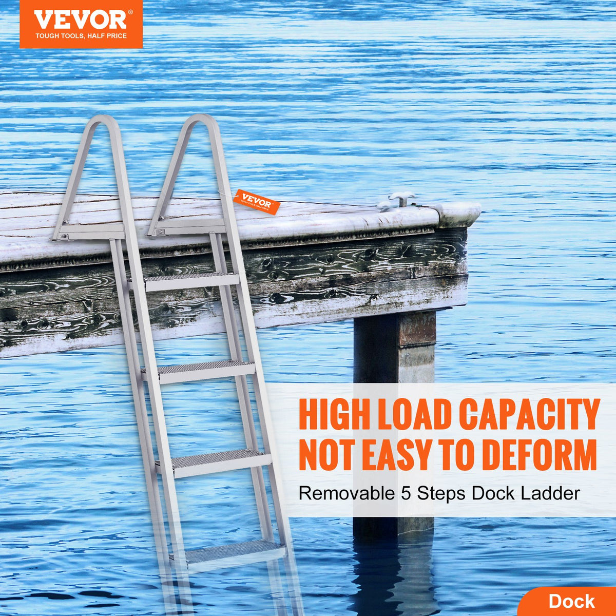 Removable 5-Step Dock Ladder, 159 kg Capacity, Wide Nonslip Steps for Boats