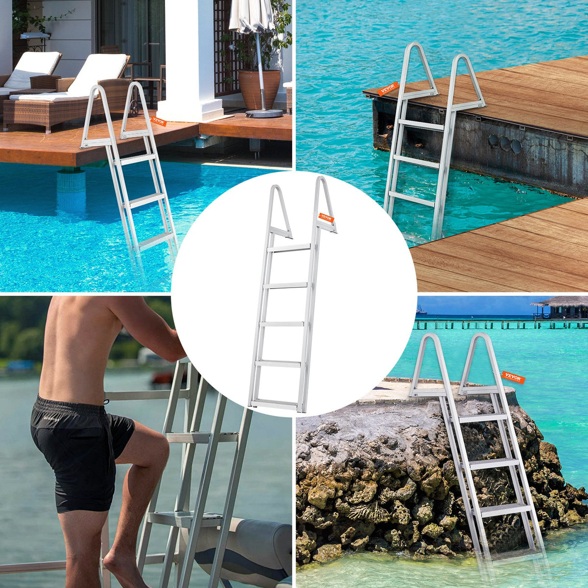 Removable 5-Step Dock Ladder, 159 kg Capacity, Wide Nonslip Steps for Boats