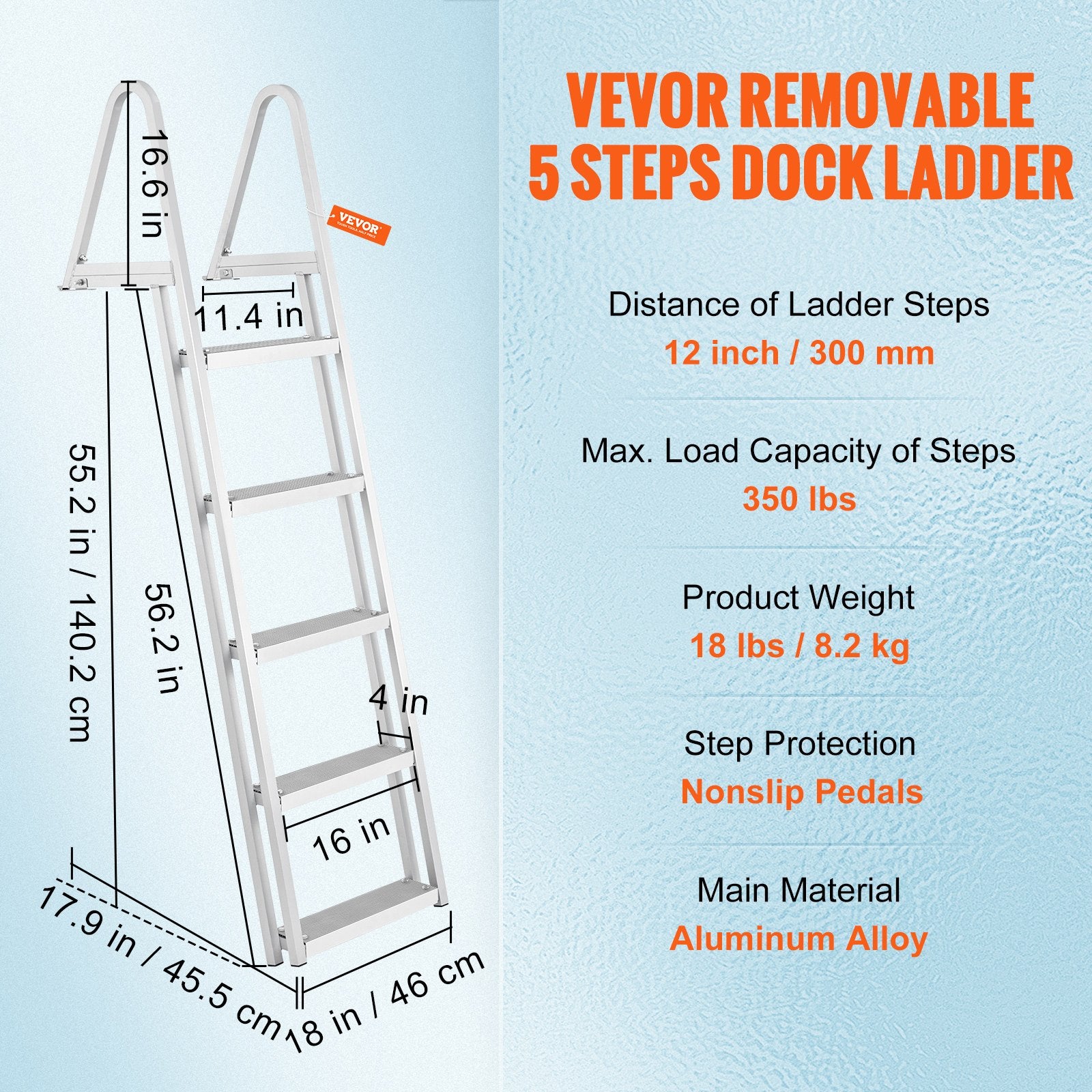 Removable 5-Step Dock Ladder, 159 kg Capacity, Wide Nonslip Steps for Boats