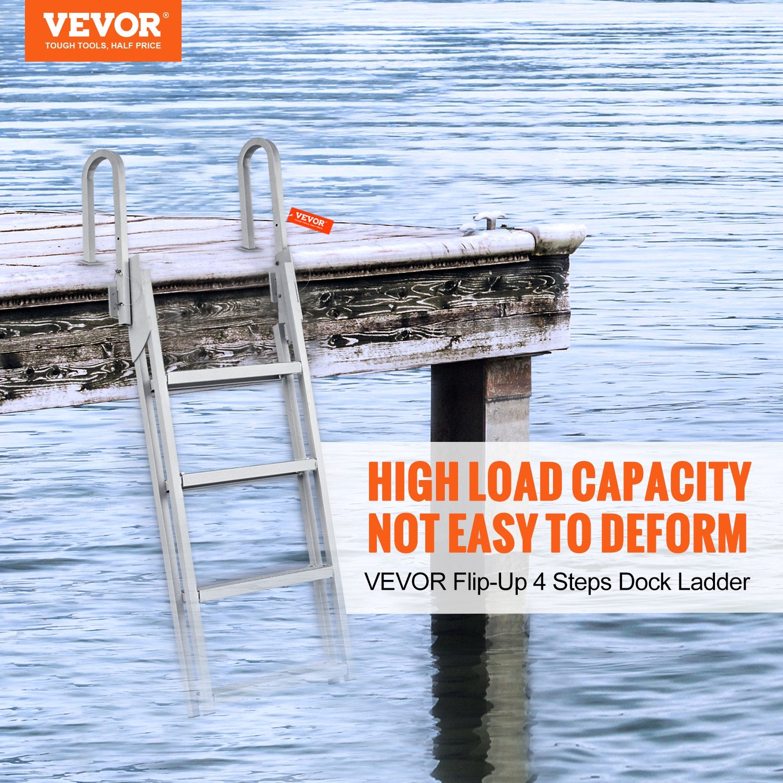 Flip-Up 4-Step Aluminum Dock Ladder, 159 kg Capacity, Nonslip Wide Steps