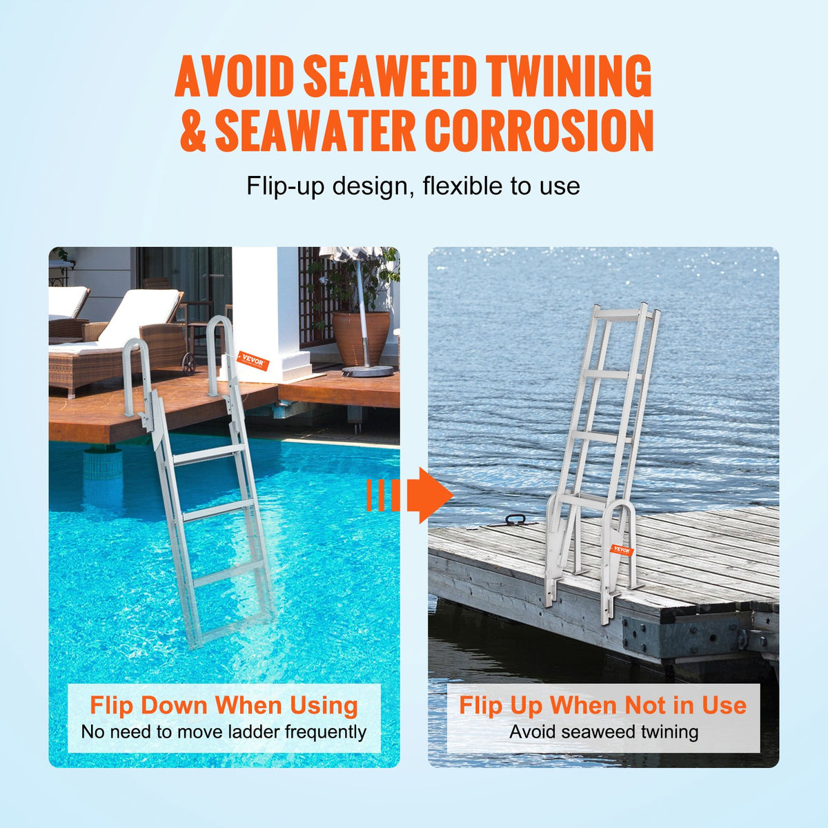 Flip-Up 4-Step Aluminum Dock Ladder, 159 kg Capacity, Nonslip Wide Steps