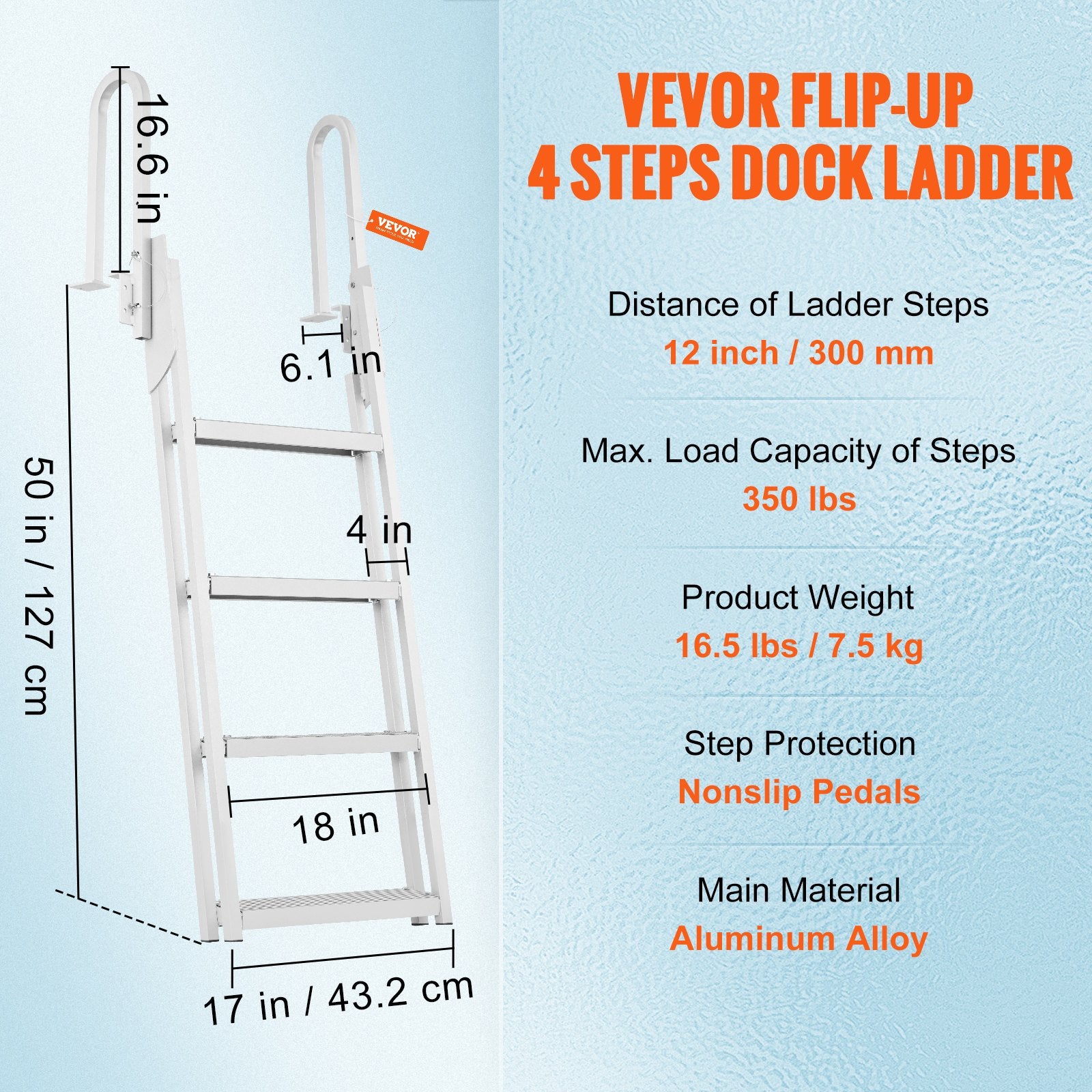 Flip-Up 4-Step Aluminum Dock Ladder, 159 kg Capacity, Nonslip Wide Steps