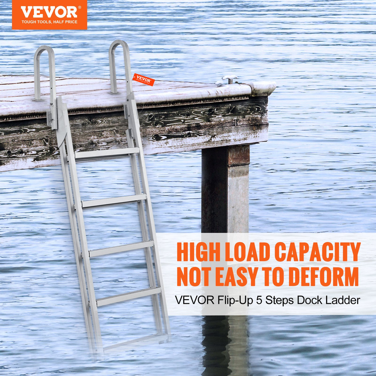 Flip-Up 5-Step Aluminum Dock Ladder, 350 lbs Capacity, Nonslip Rubber Steps