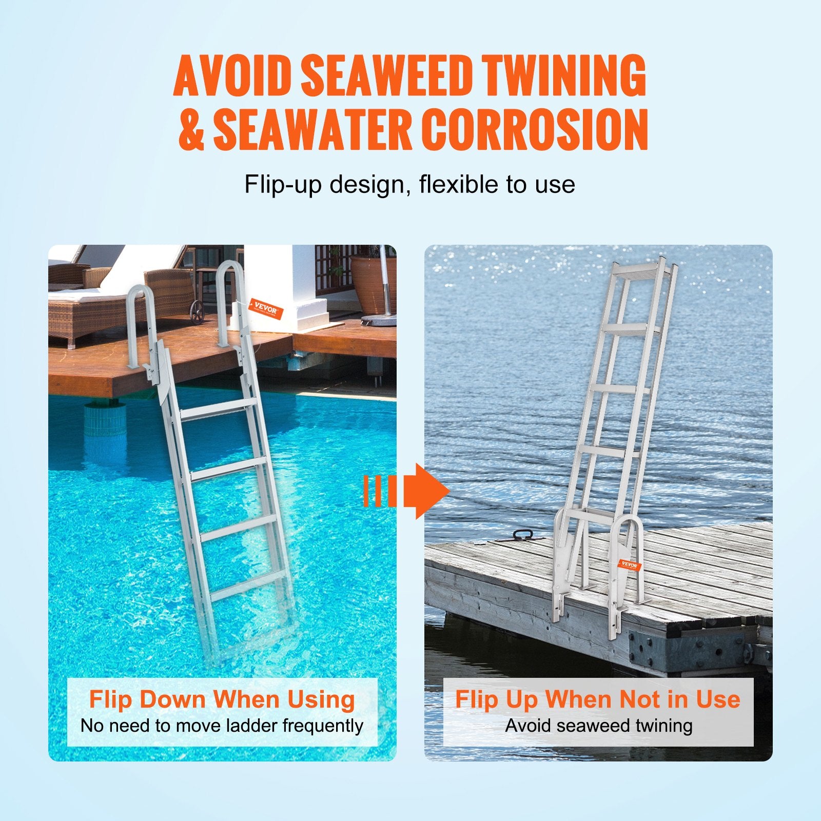 Flip-Up 5-Step Aluminum Dock Ladder, 350 lbs Capacity, Nonslip Rubber Steps