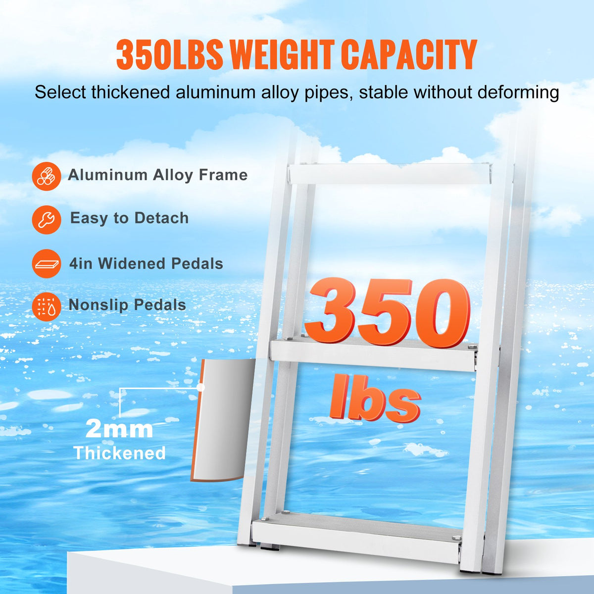 Flip-Up 5-Step Aluminum Dock Ladder, 350 lbs Capacity, Nonslip Rubber Steps