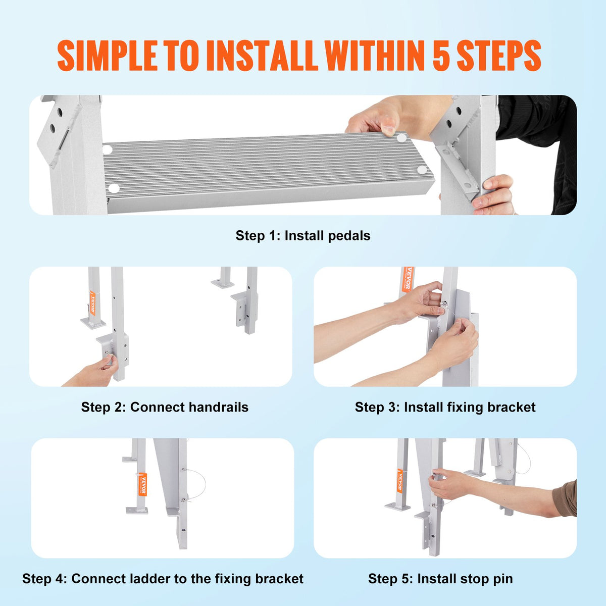 Flip-Up 5-Step Aluminum Dock Ladder, 350 lbs Capacity, Nonslip Rubber Steps