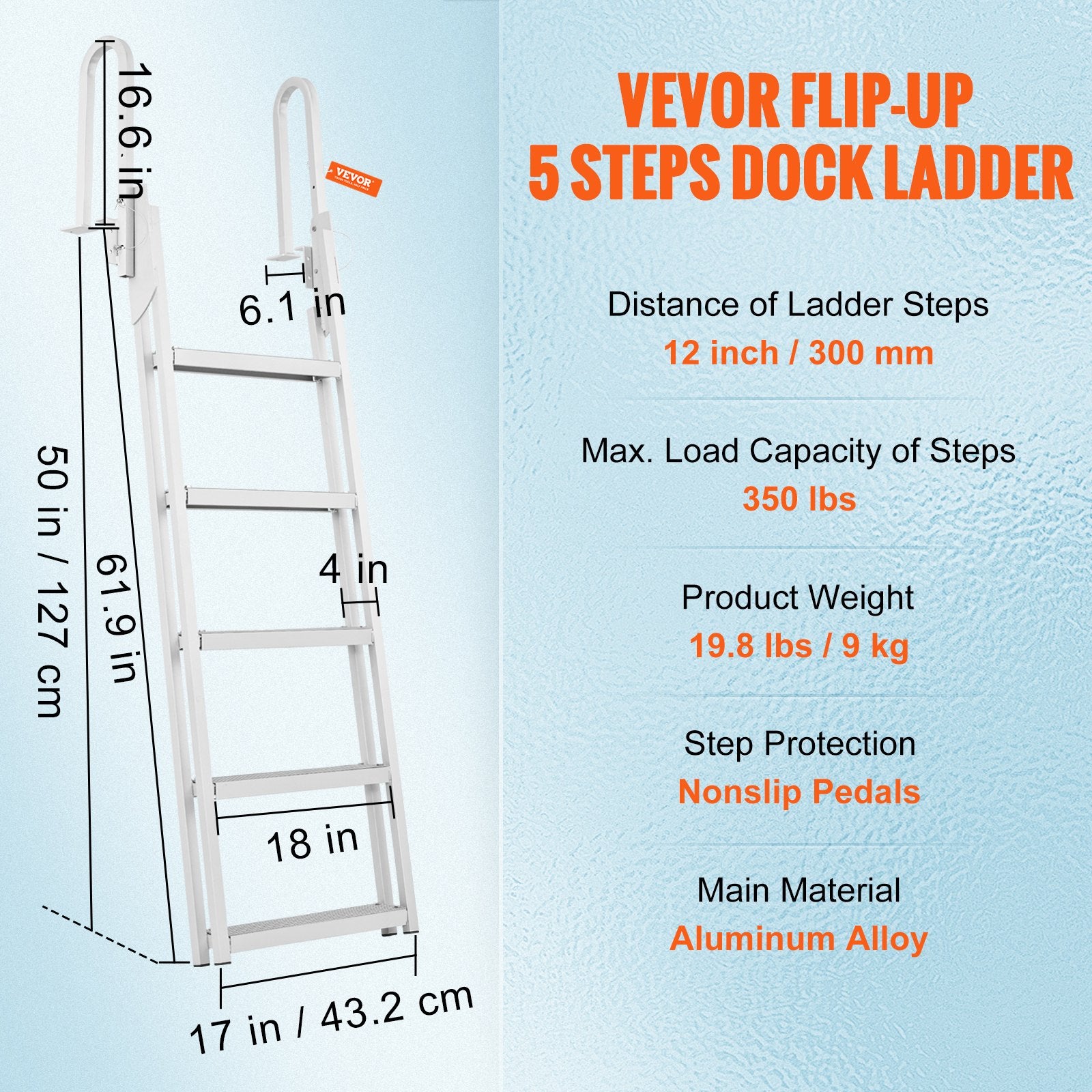 Flip-Up 5-Step Aluminum Dock Ladder, 350 lbs Capacity, Nonslip Rubber Steps