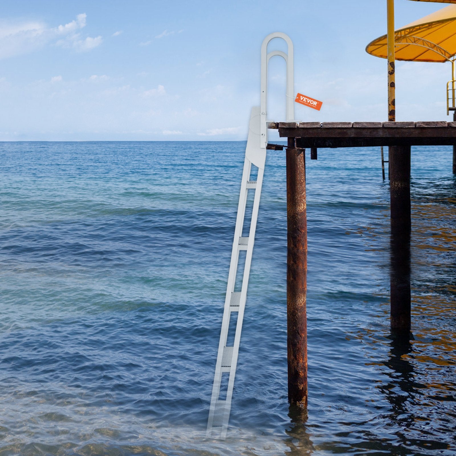 Flip-Up 5-Step Aluminum Dock Ladder, 350 lbs Capacity, Nonslip Rubber Steps