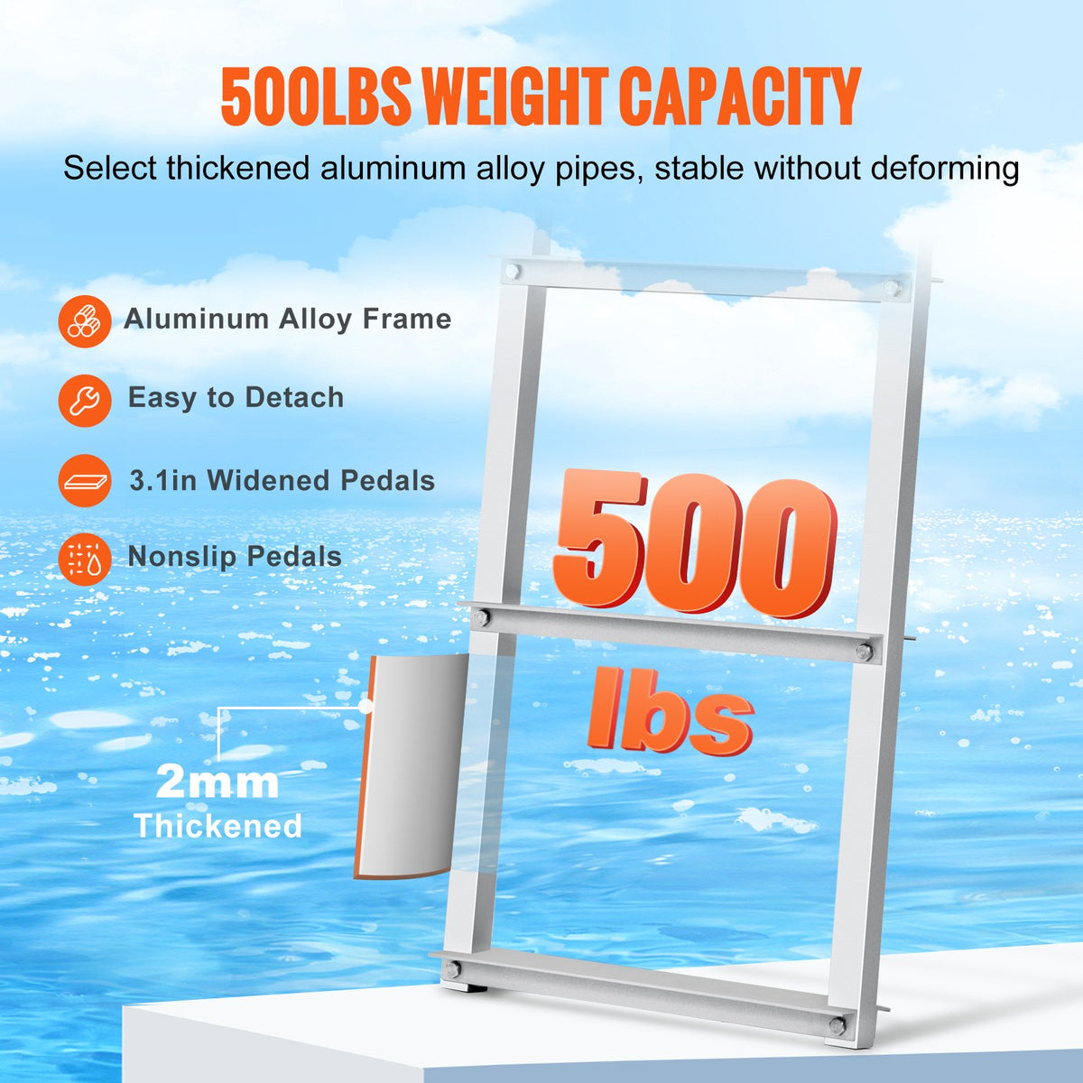 Dock Ladder Removable 3-Step Aluminum 227kg Load Nonslip Rubber Mat Marine Use
