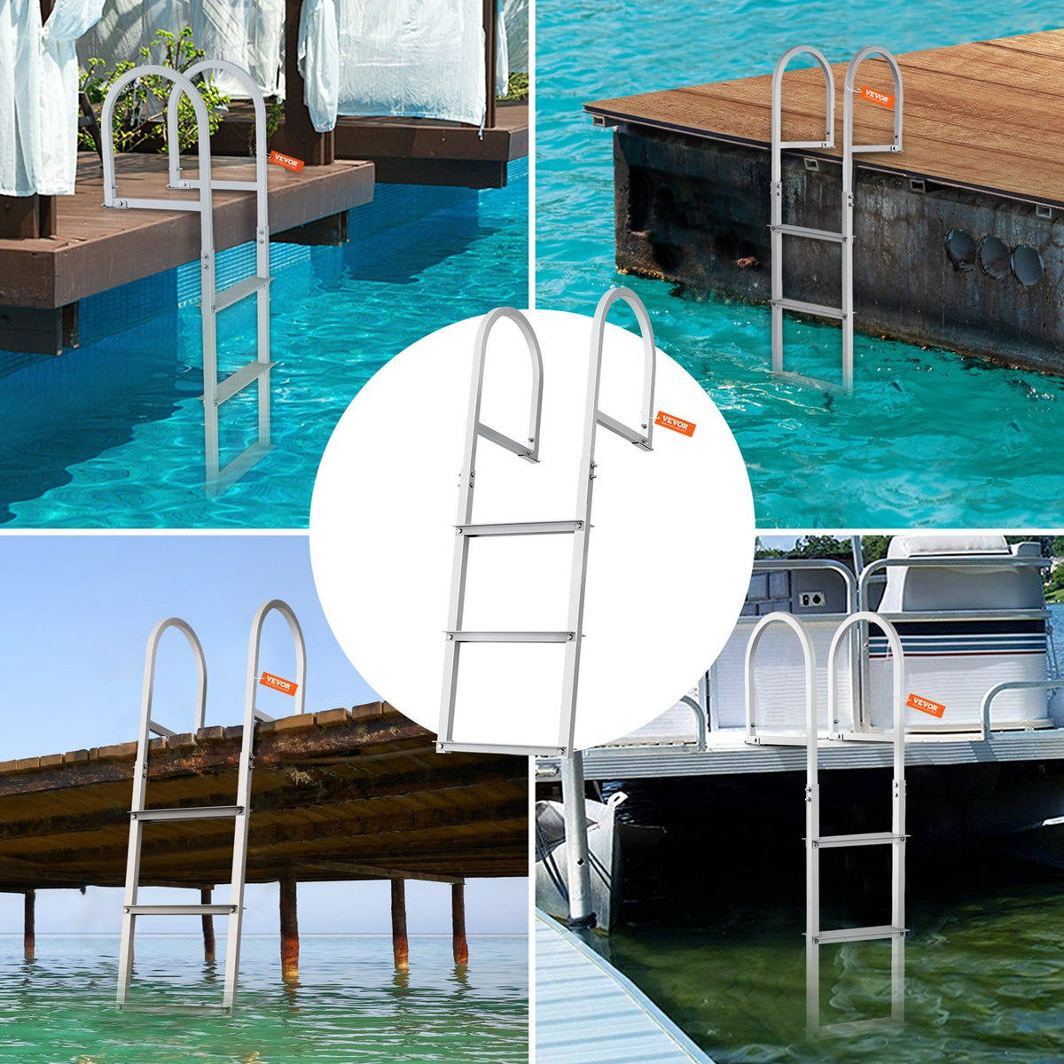 Dock Ladder Removable 3-Step Aluminum 227kg Load Nonslip Rubber Mat Marine Use