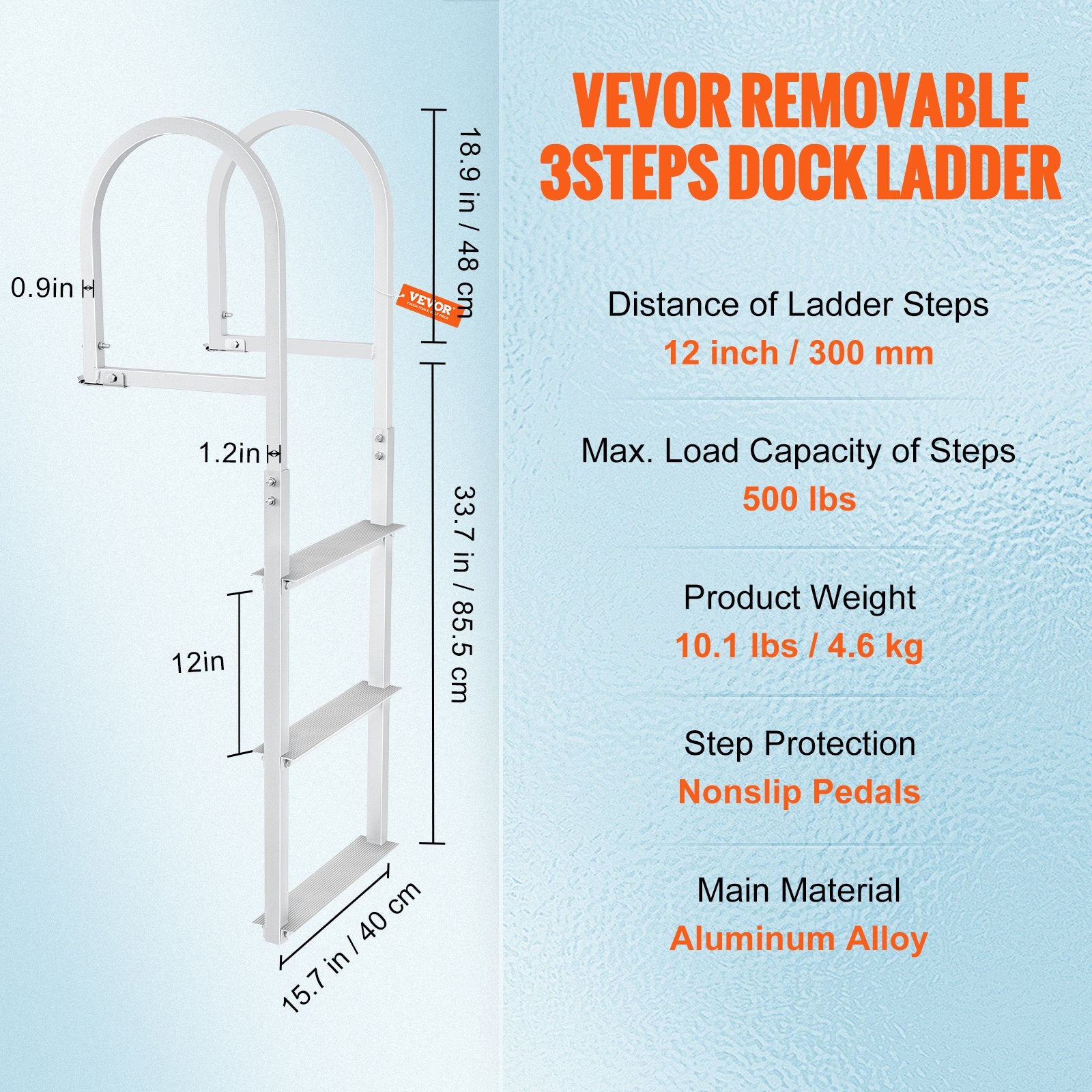 Dock Ladder Removable 3-Step Aluminum 227kg Load Nonslip Rubber Mat Marine Use