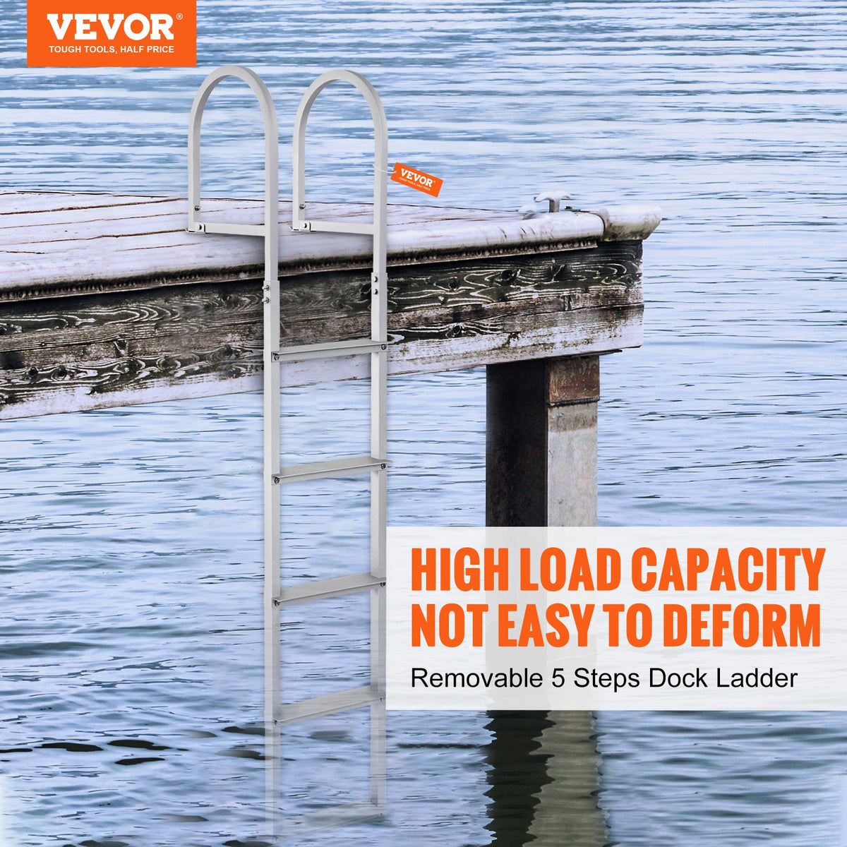 Removable 5-Step Aluminum Dock Ladder, 227 kg Capacity, Nonslip Rubber Steps