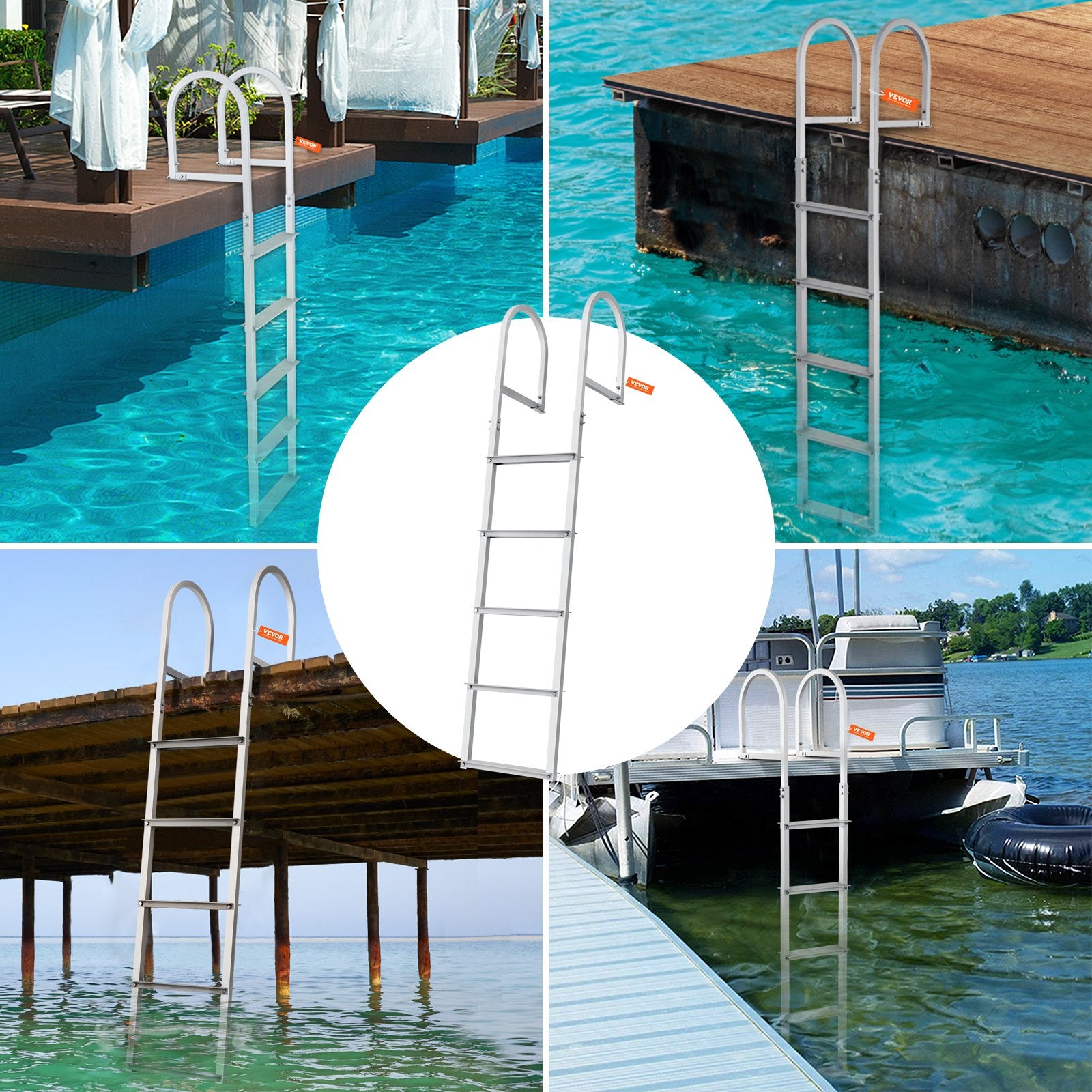 Removable 5-Step Aluminum Dock Ladder, 227 kg Capacity, Nonslip Rubber Steps