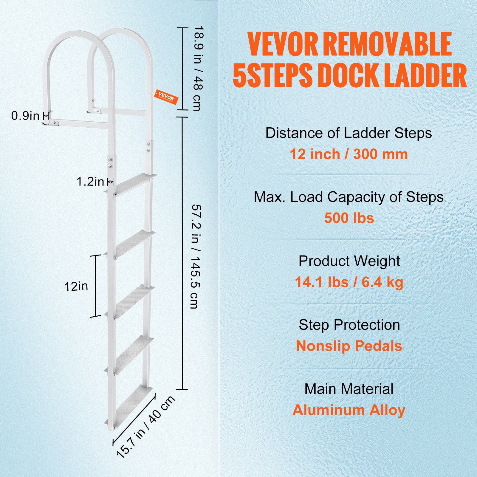 Removable 5-Step Aluminum Dock Ladder, 227 kg Capacity, Nonslip Rubber Steps