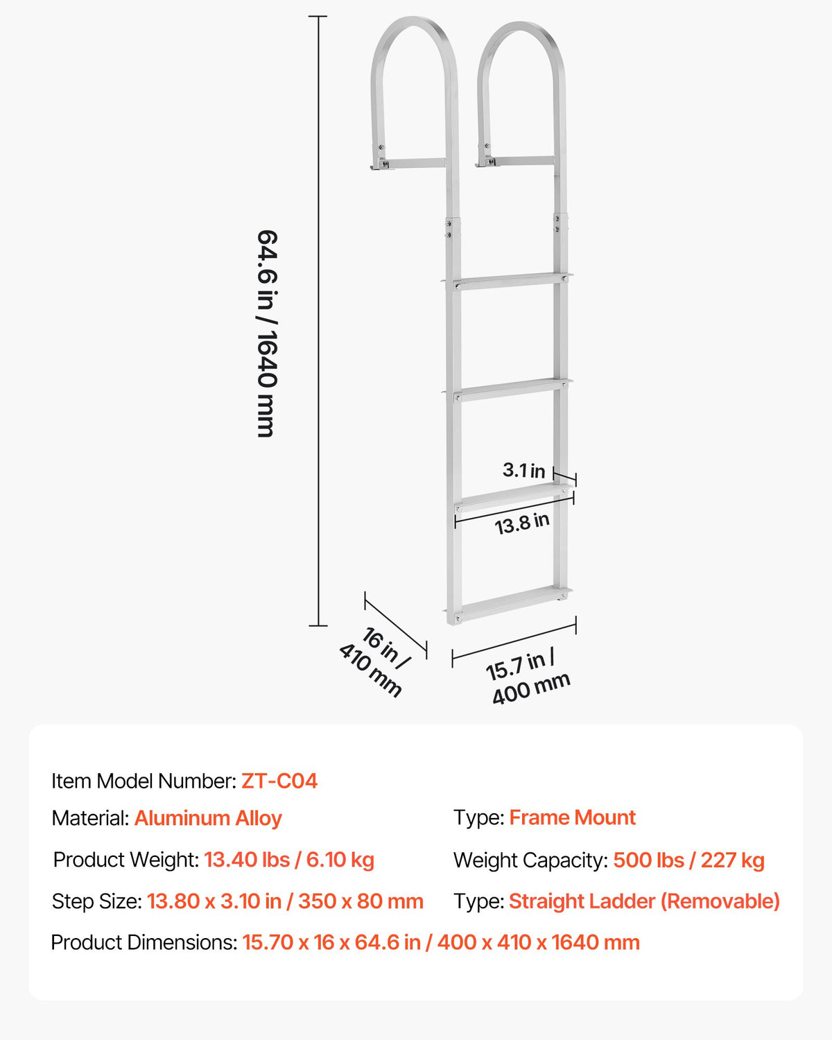 4-Step Removable Dock Ladder Aluminum Pontoon Boat Swim Ladder 227kg Capacity