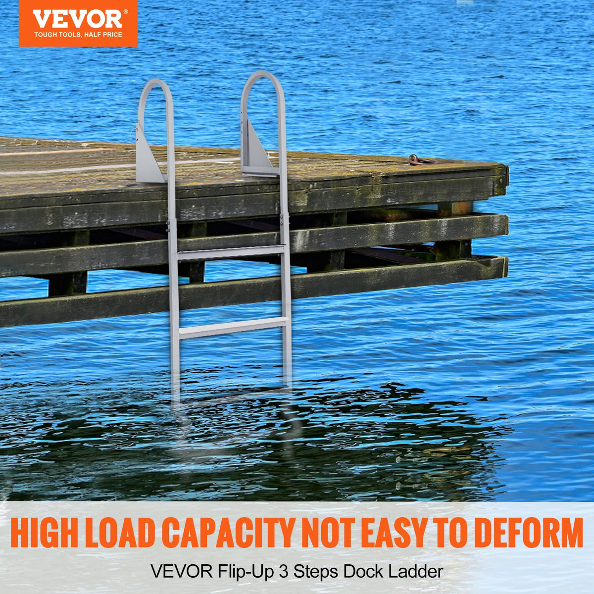 Flip-Up 3-Step Aluminum Dock Ladder, 159 kg Capacity, Nonslip Rubber Steps
