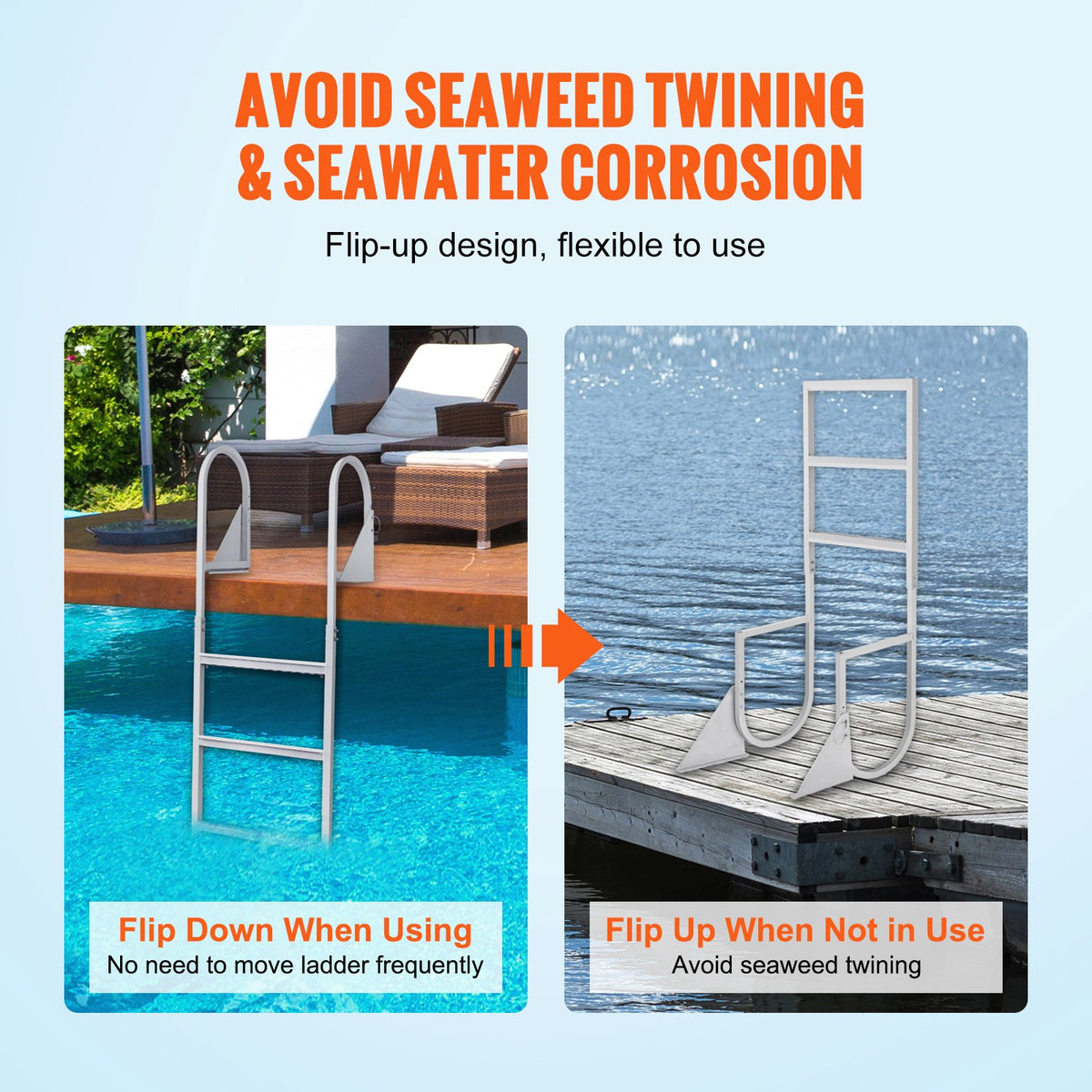 Flip-Up 3-Step Aluminum Dock Ladder, 159 kg Capacity, Nonslip Rubber Steps